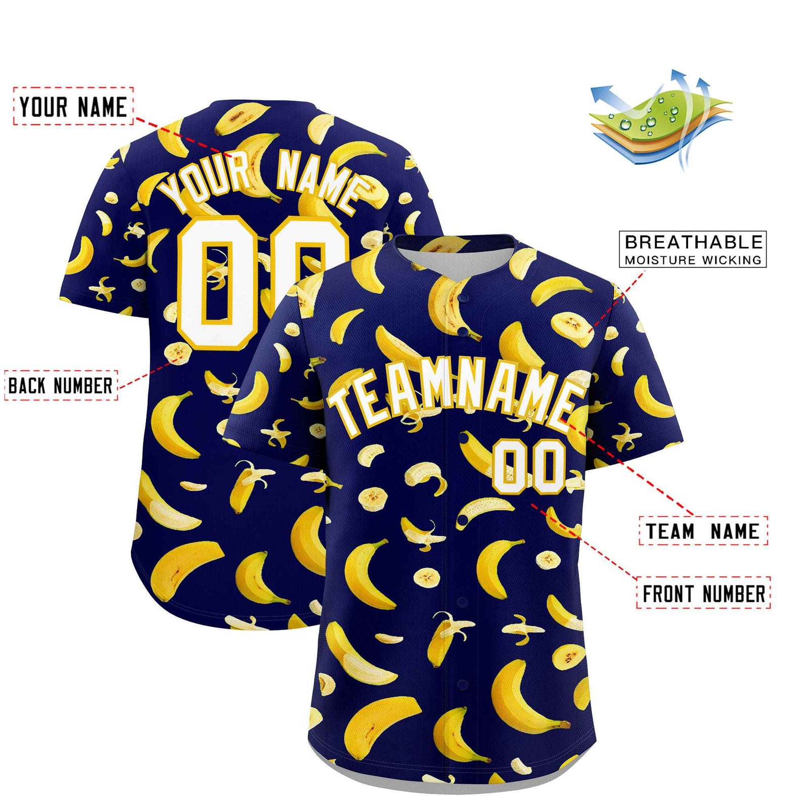 Custom Dark Blue Banana Graffiti Pattern Fashion Authentic Baseball Jersey | Graffiti Pattern | Embroidery&Dye-sublimation printing | KXKSHOP