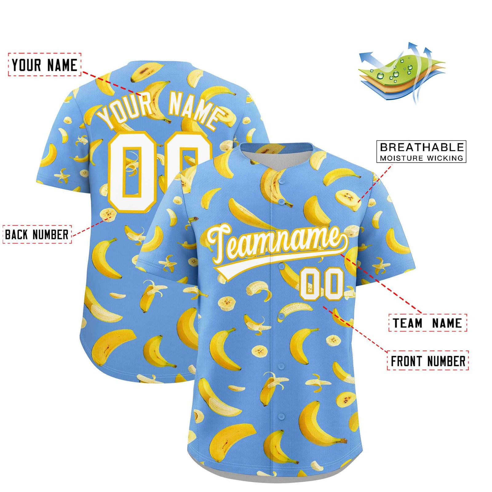 Custom Light Blue Banana Graffiti Pattern Fashion Authentic Baseball Jersey | Graffiti Pattern | Embroidery&Dye-sublimation printing | KXKSHOP