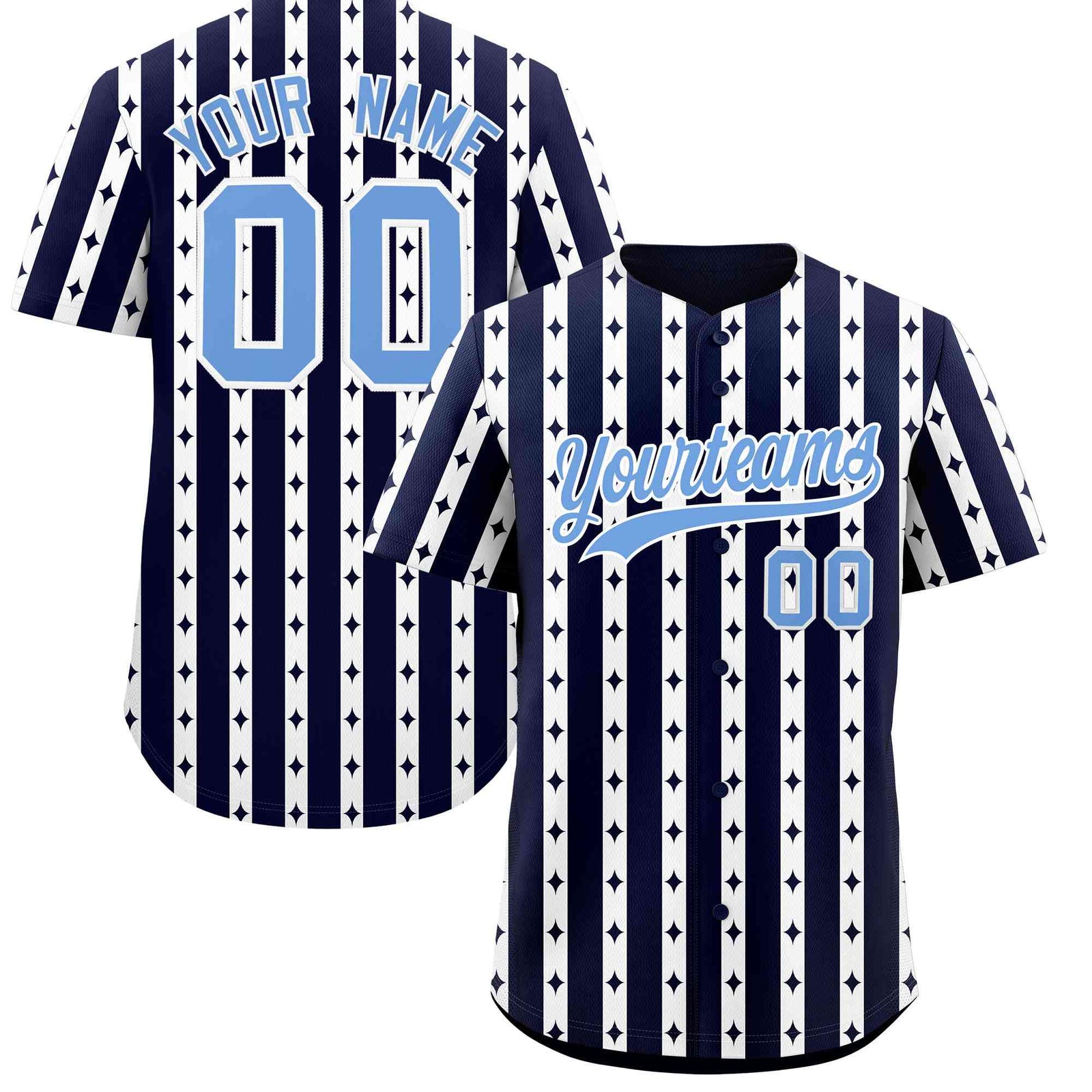 Custom Navy White Star Pattern Thick Stripes Baseball Jersey