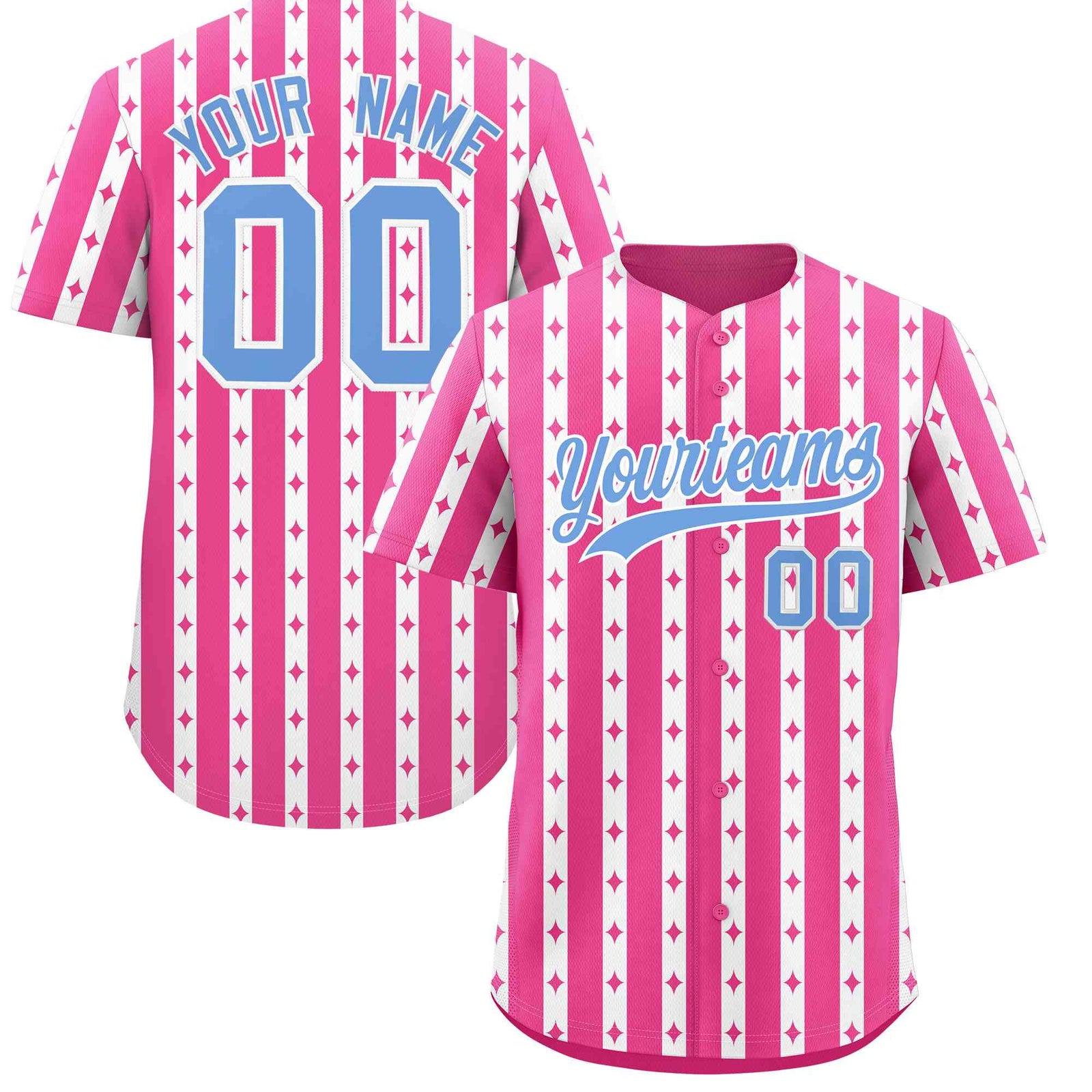Custom Pink White Star Pattern Thick Stripes Baseball Jersey