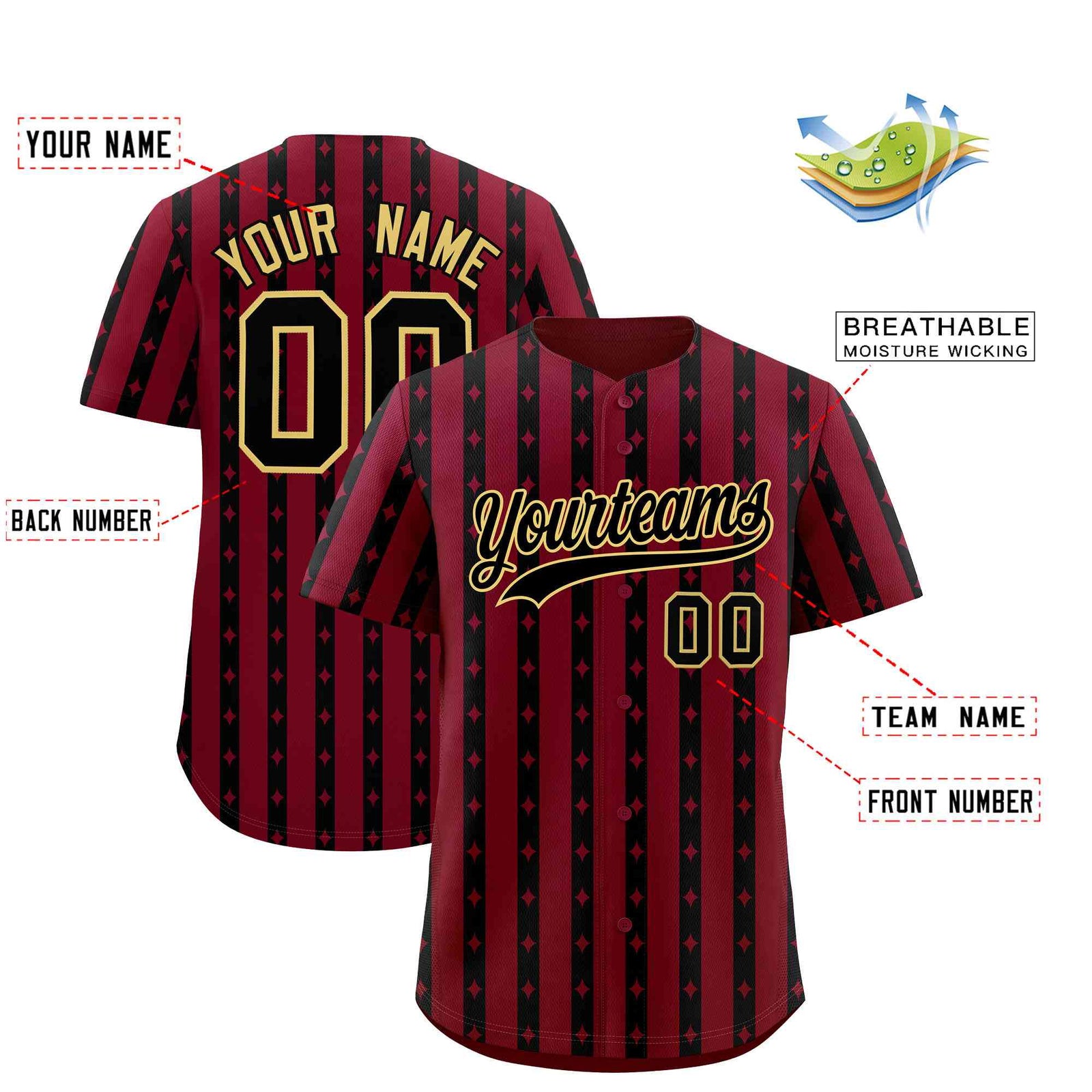 Custom Crimson Black Star Pattern Thick Stripes Baseball Jersey