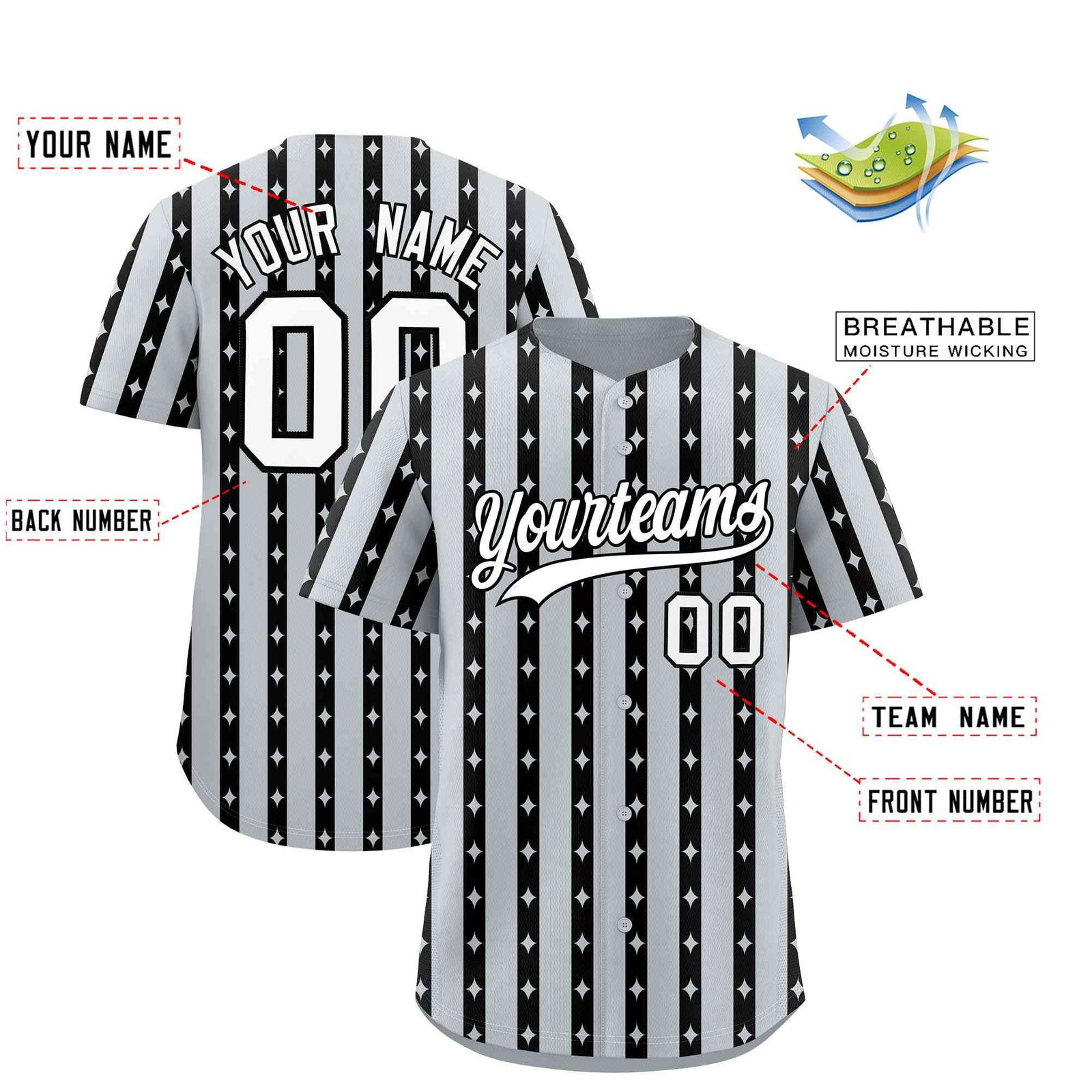 Custom Silver Black Star Pattern Thick Stripes Baseball Jersey