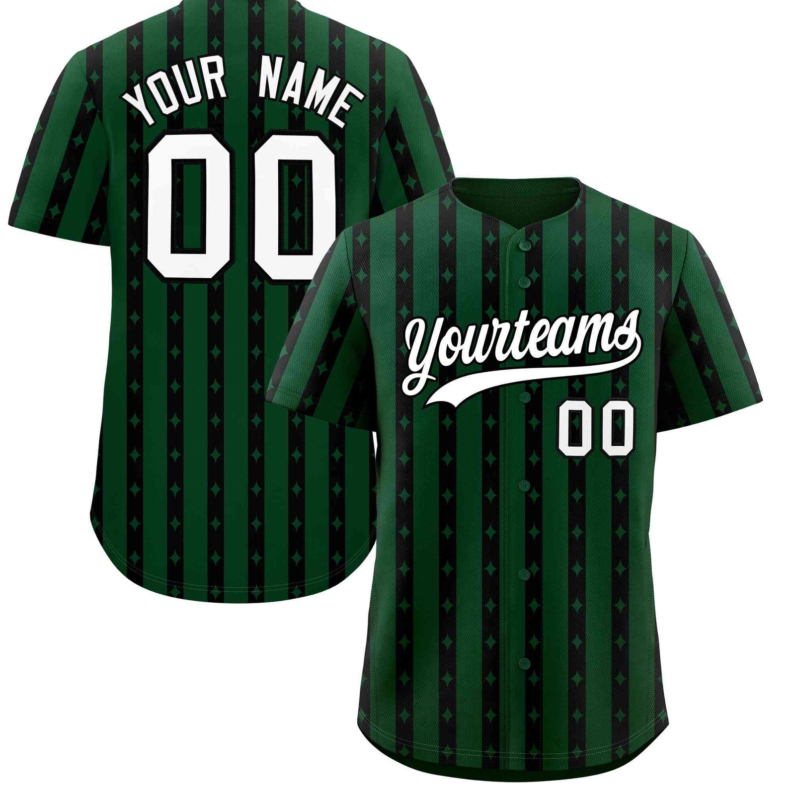 Custom Green Black Star Pattern Thick Stripes Baseball Jersey
