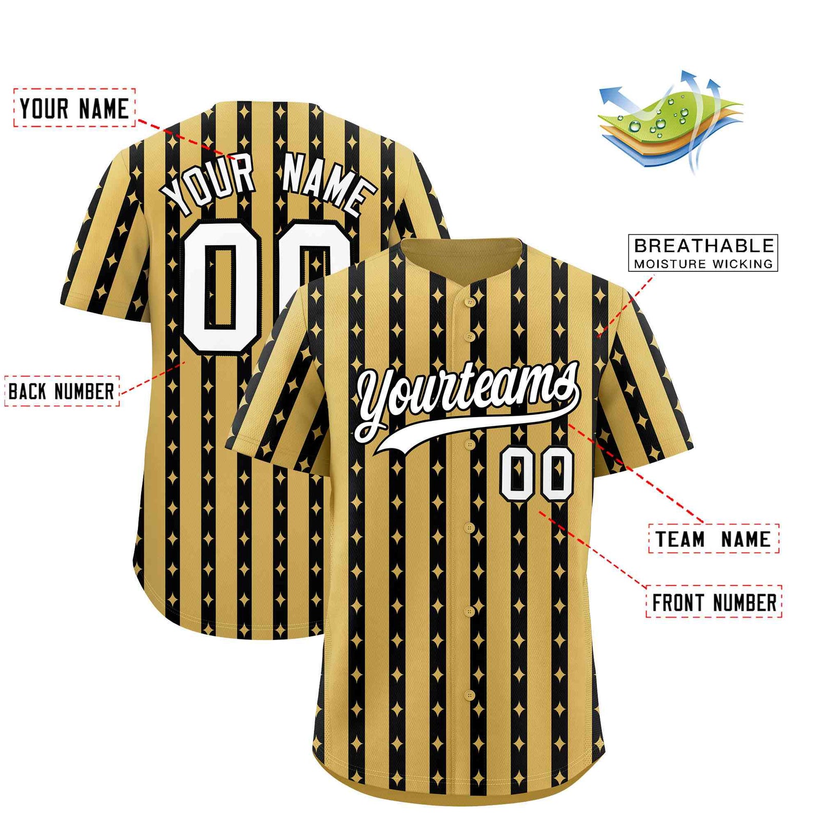 Custom Old Gold Black Star Pattern Thick Stripes Baseball Jersey