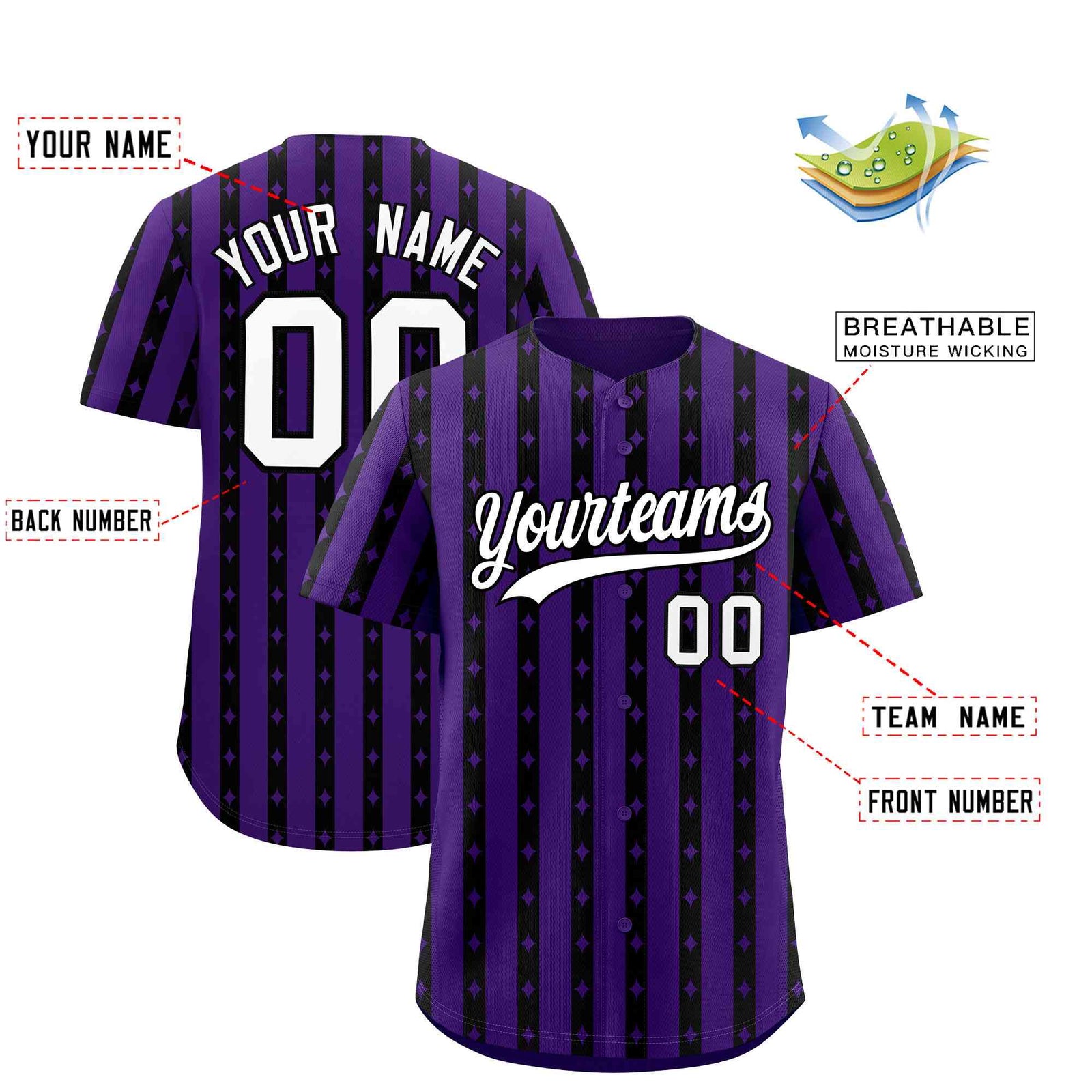 Custom Purple Black Star Pattern Thick Stripes Baseball Jersey
