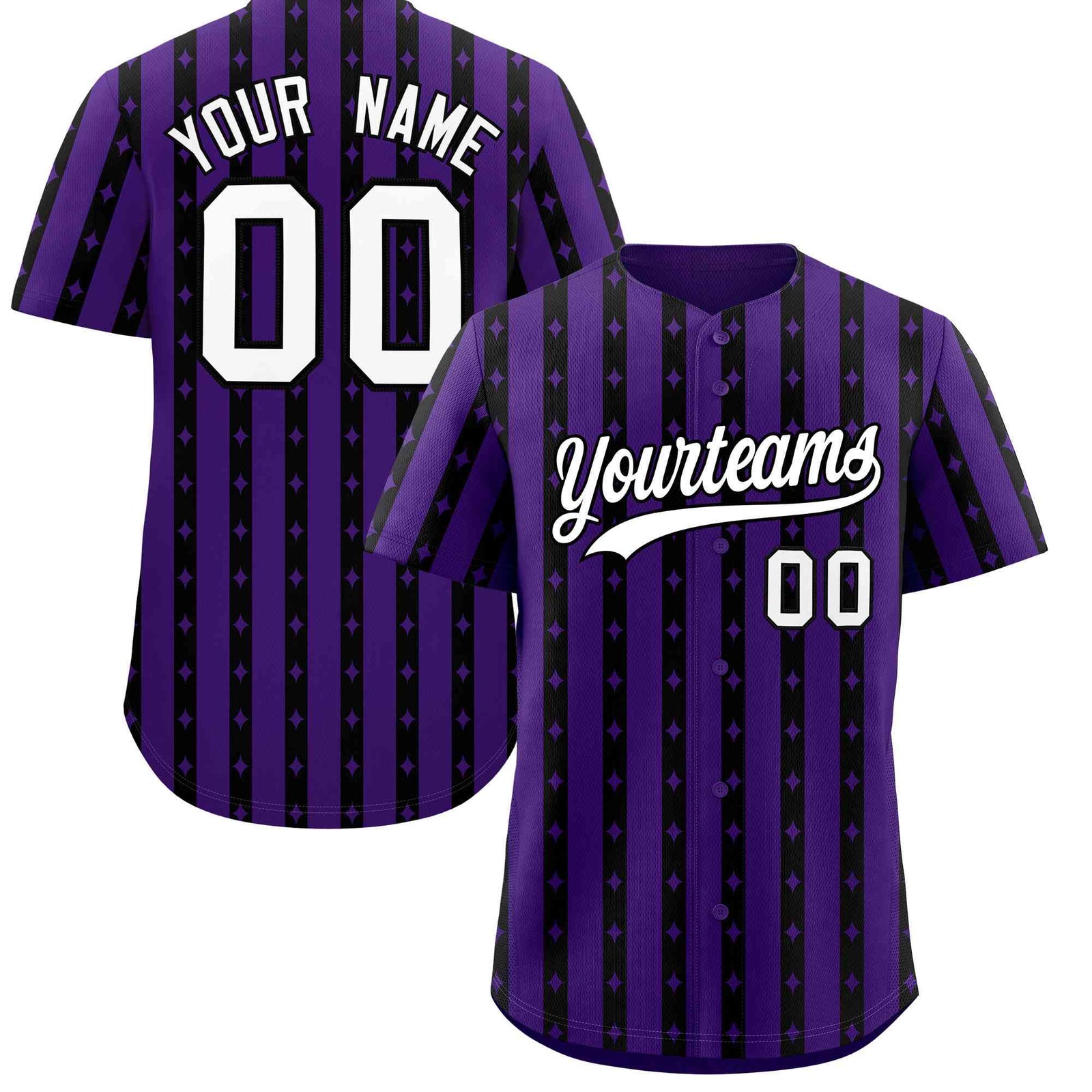 Custom Purple Black Star Pattern Thick Stripes Baseball Jersey
