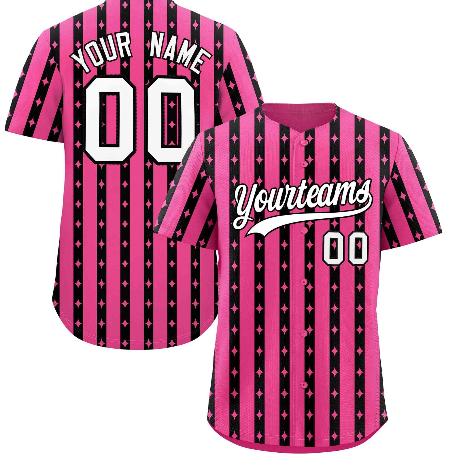 Custom Pink Black Star Pattern Thick Stripes Baseball Jersey