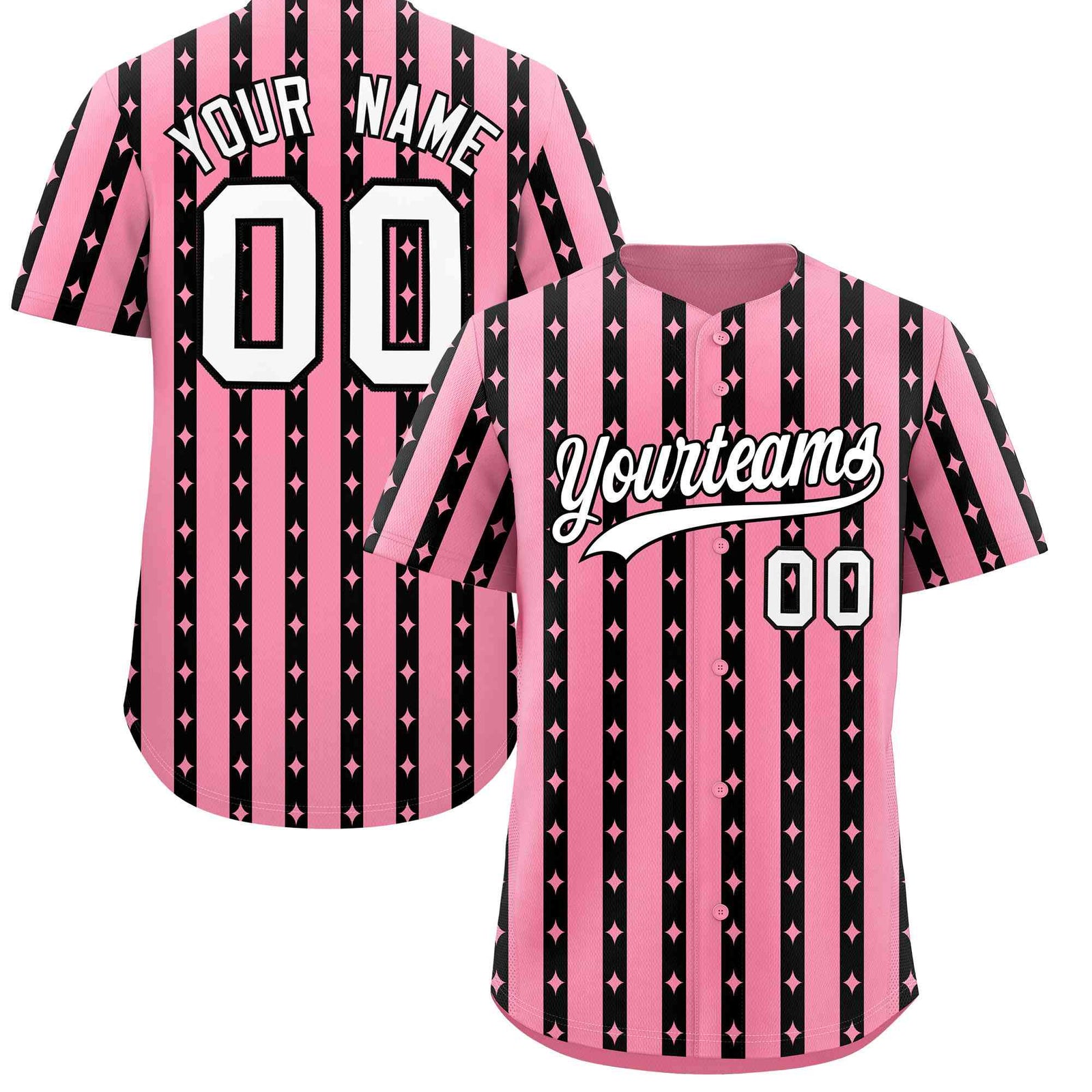 Custom Light Pink Black Star Pattern Thick Stripes Baseball Jersey
