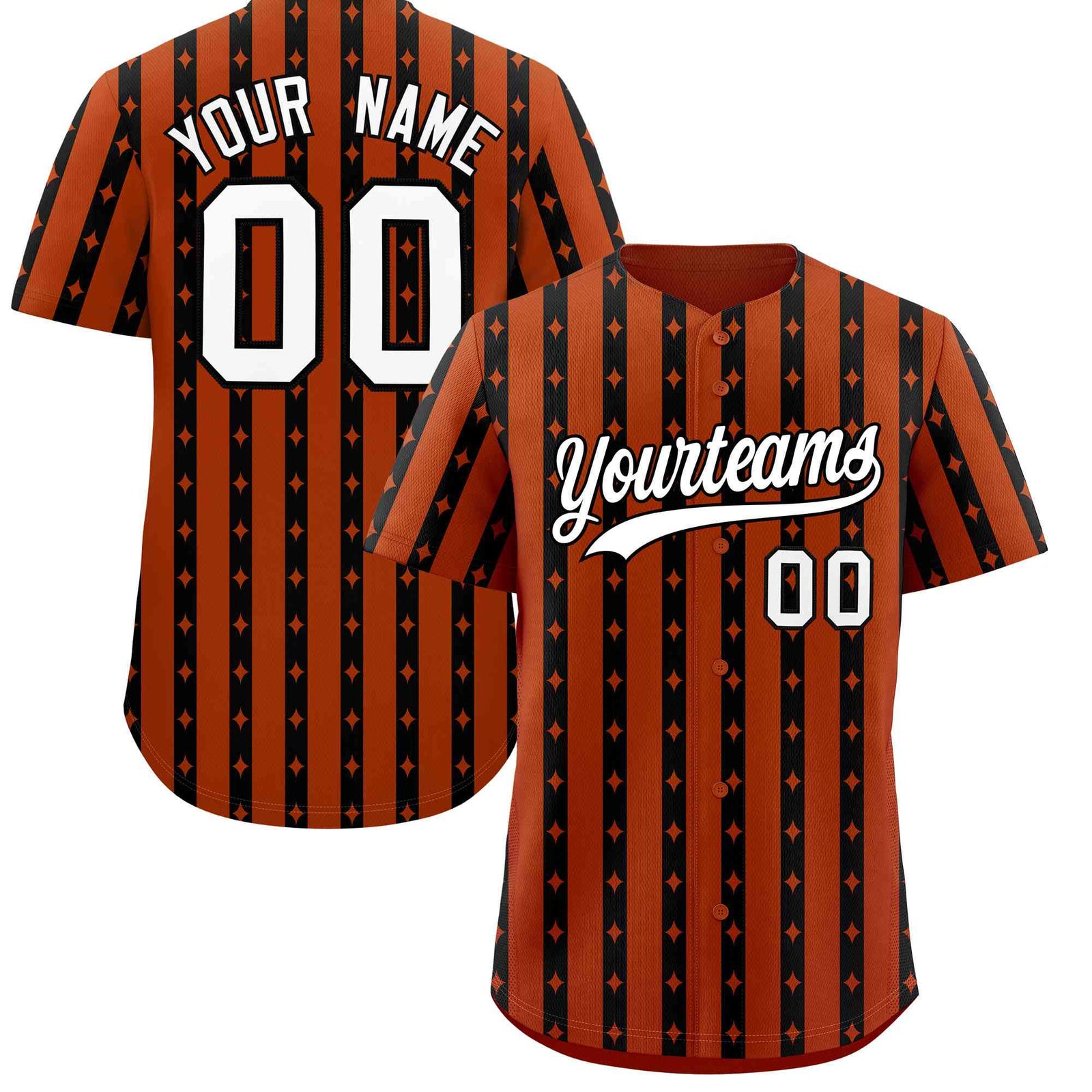 Custom Dark Orange Black Star Pattern Thick Stripes Baseball Jersey