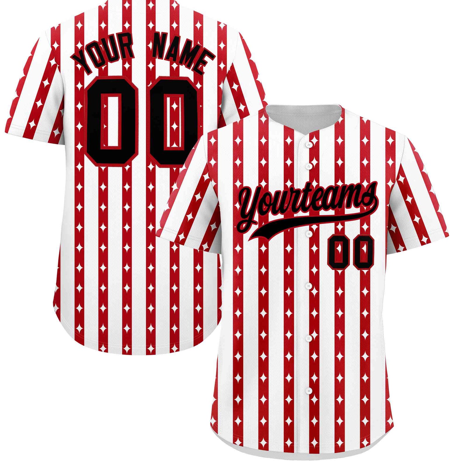 Custom White Red Star Pattern Thick Stripes Baseball Jersey