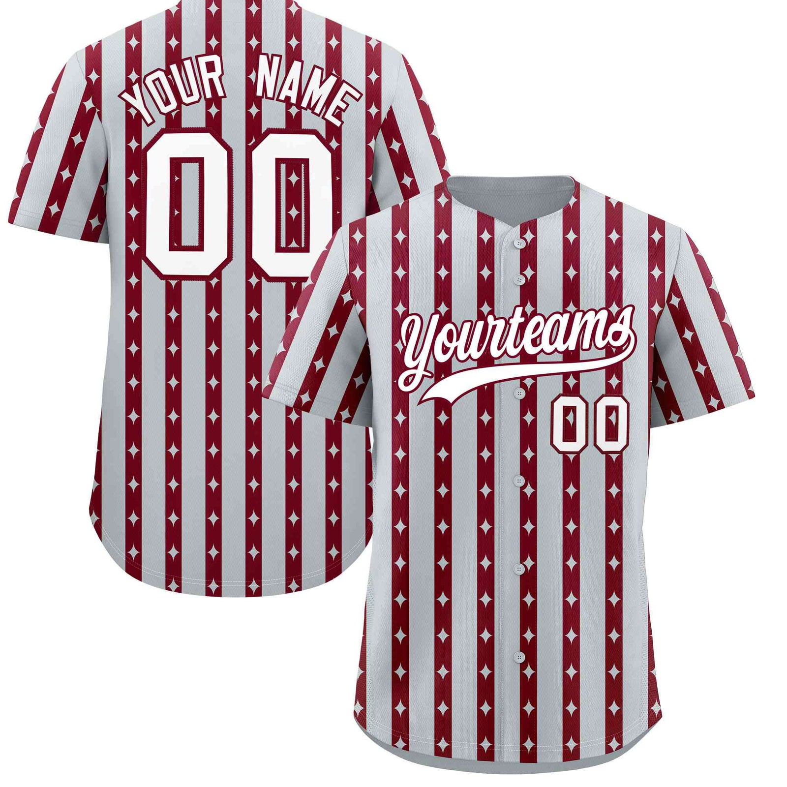 Custom Silver Crimson Star Pattern Thick Stripes Baseball Jersey