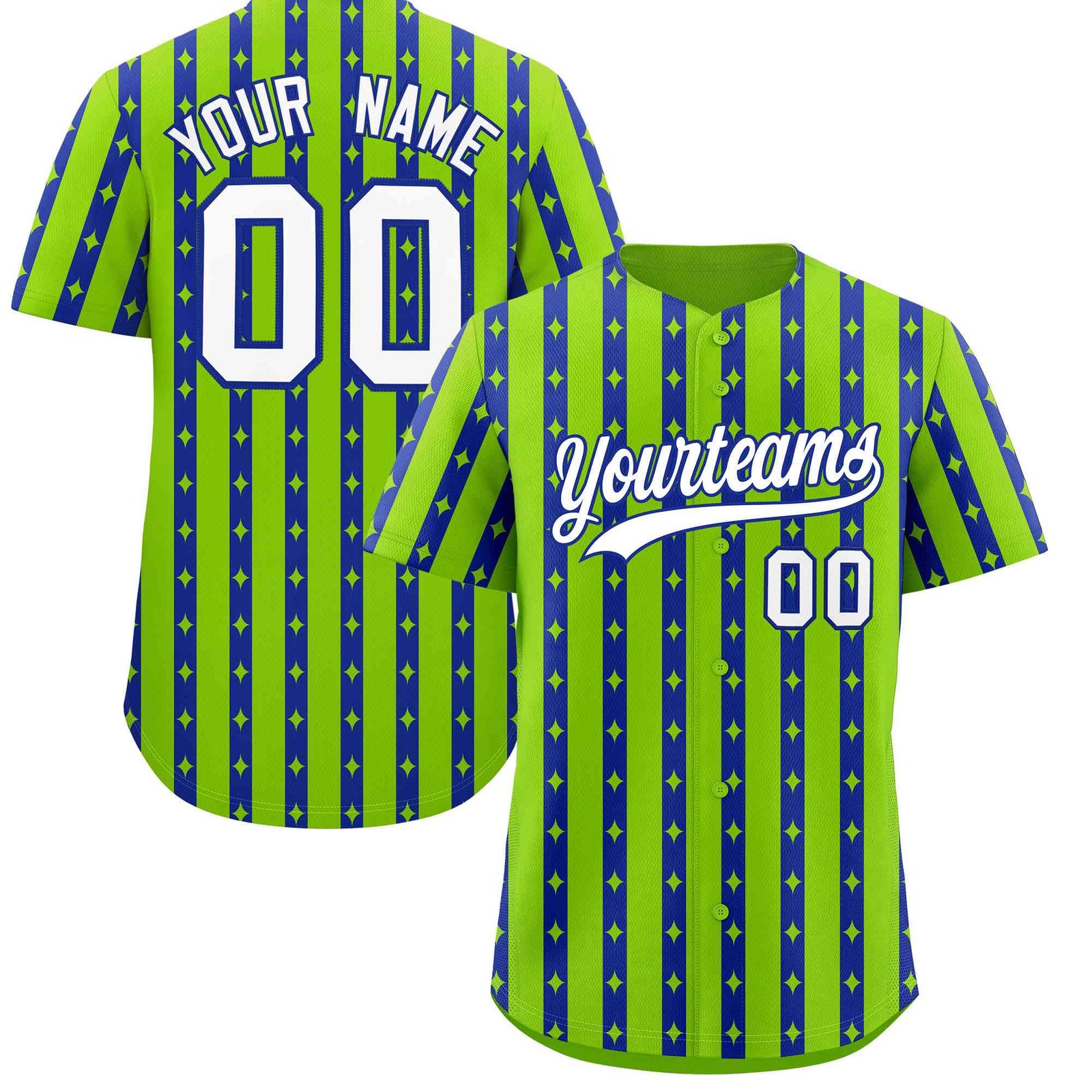 Custom Neon Green Royal Blue Star Pattern Thick Stripes Baseball Jersey