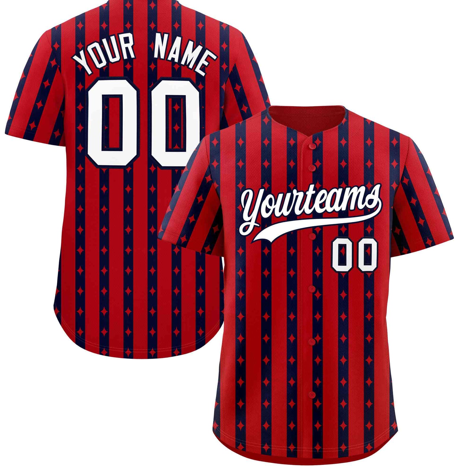 Custom Red Navy Star Pattern Thick Stripes Baseball Jersey