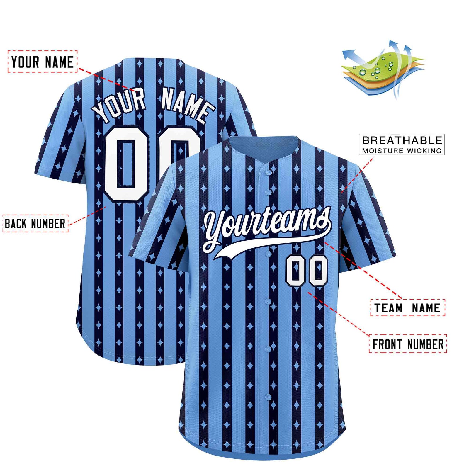 Custom Light Blue Navy Star Pattern Thick Stripes Baseball Jersey