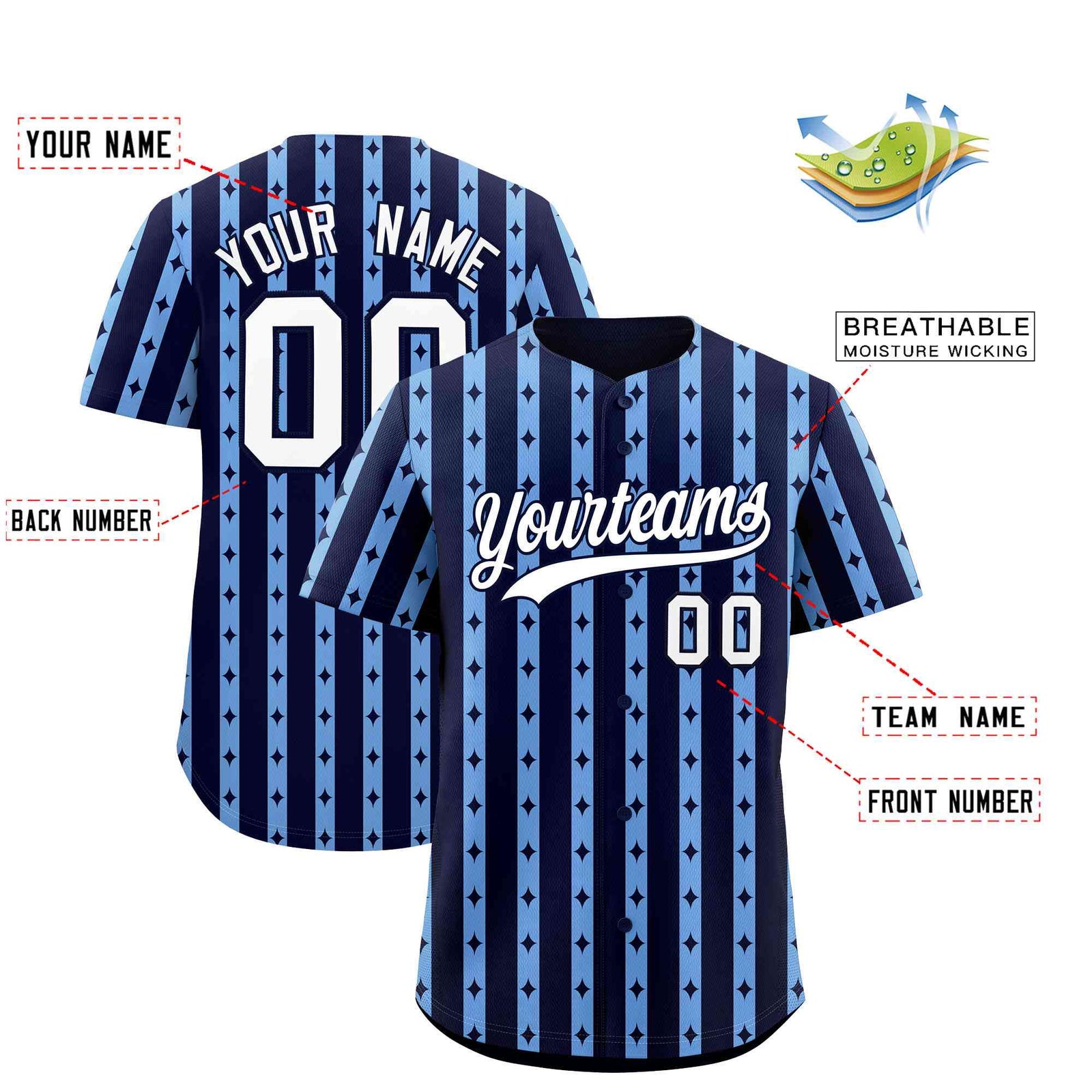Custom Navy Light Blue Star Pattern Thick Stripes Baseball Jersey