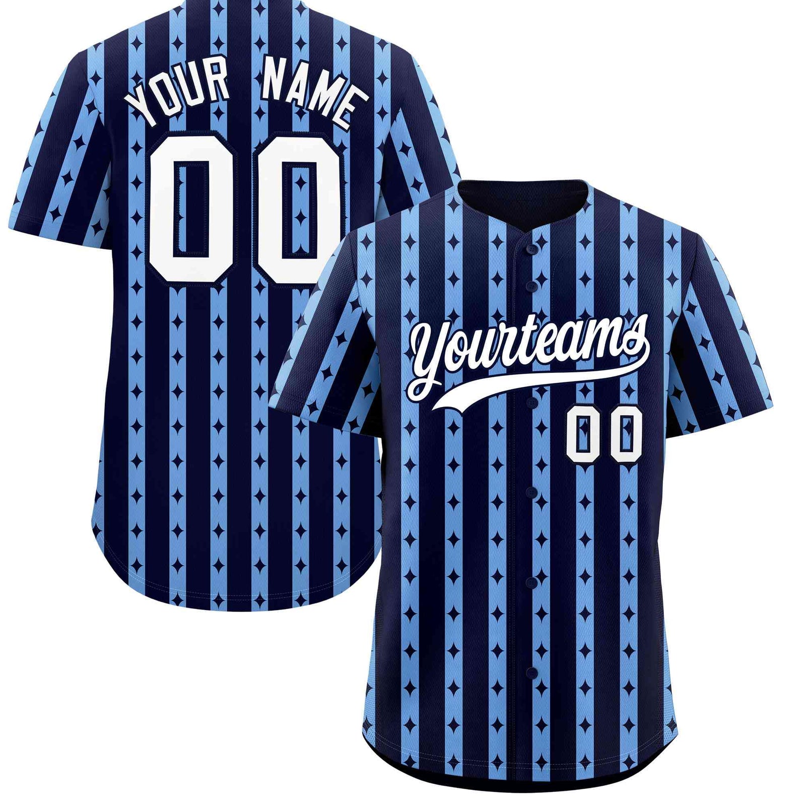 Custom Navy Light Blue Star Pattern Thick Stripes Baseball Jersey