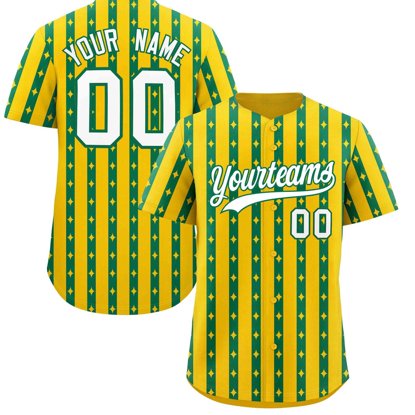Custom Gold Kelly Green Star Pattern Thick Stripes Baseball Jersey