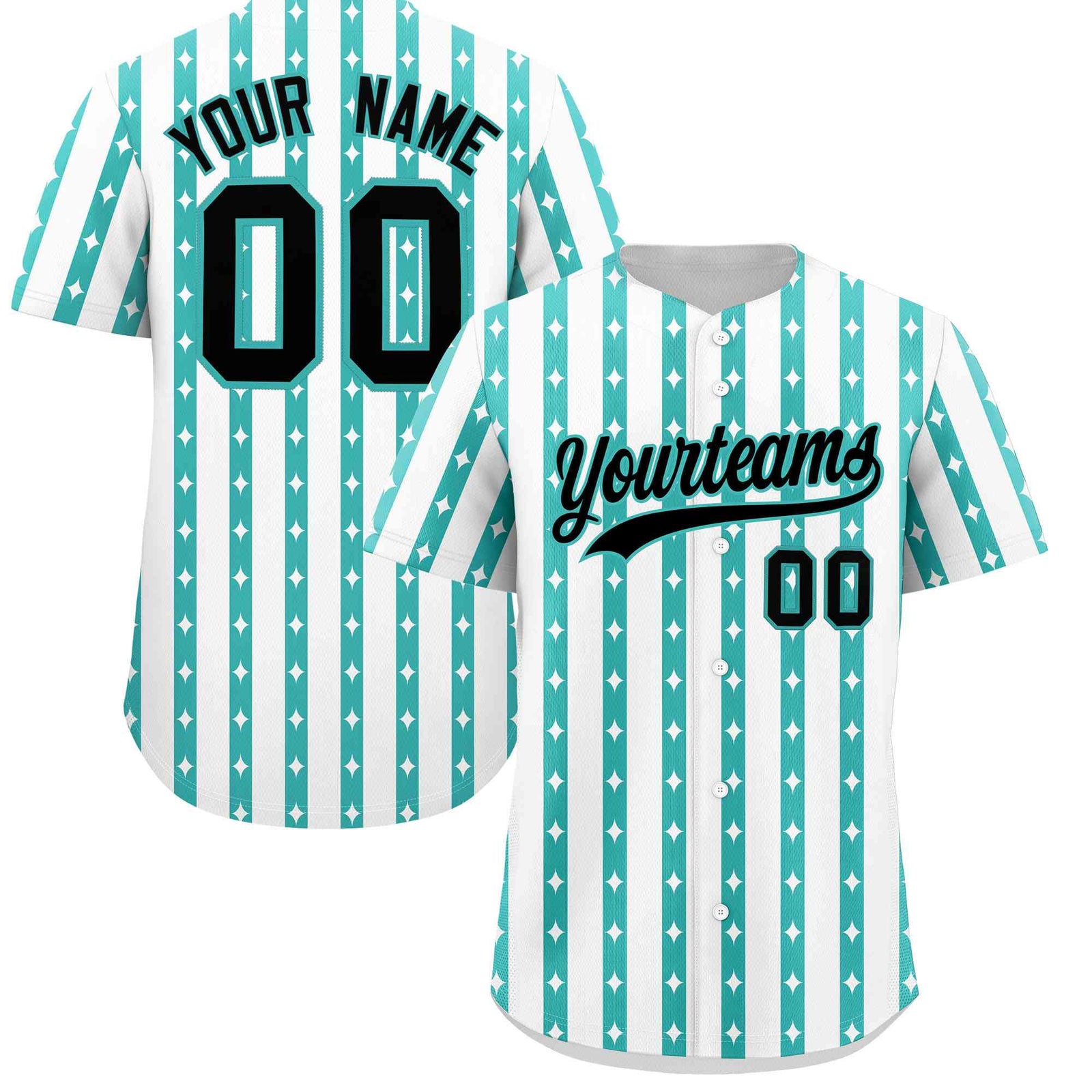 Custom White Teal Star Pattern Thick Stripes Baseball Jersey