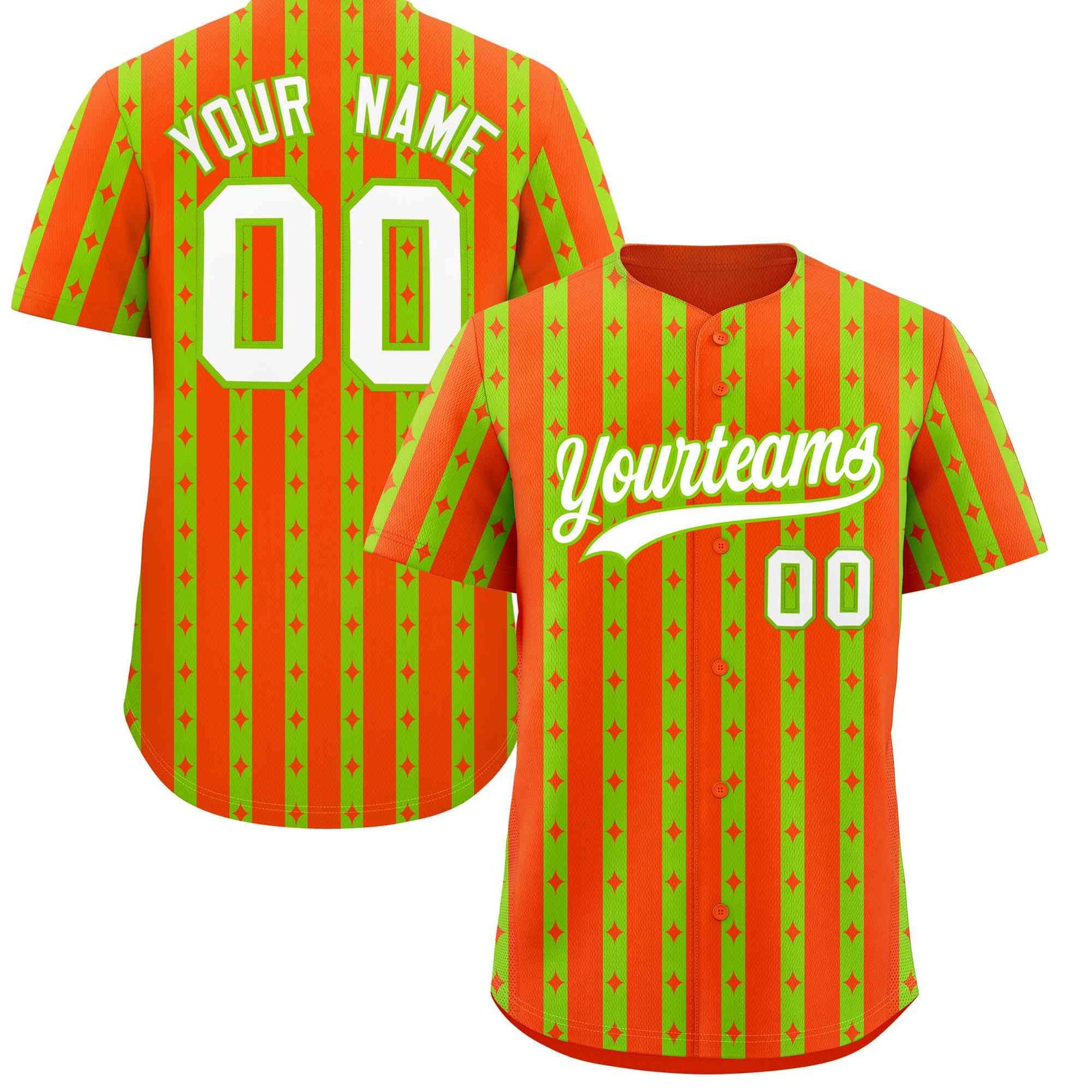 Custom Orange Neon Green Star Pattern Thick Stripes Baseball Jersey