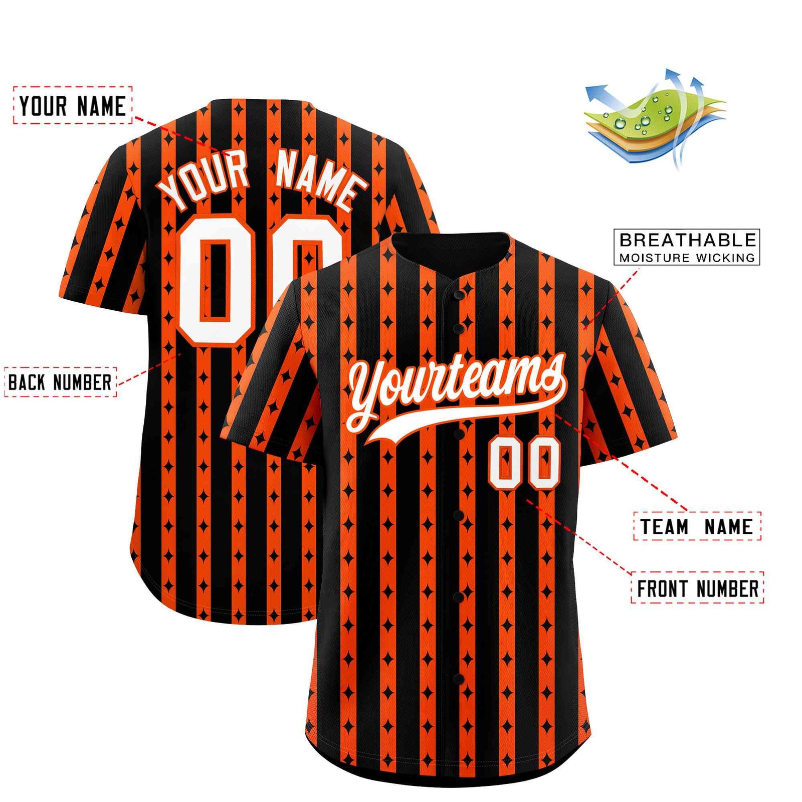 Custom Black Orange Star Pattern Thick Stripes Baseball Jersey
