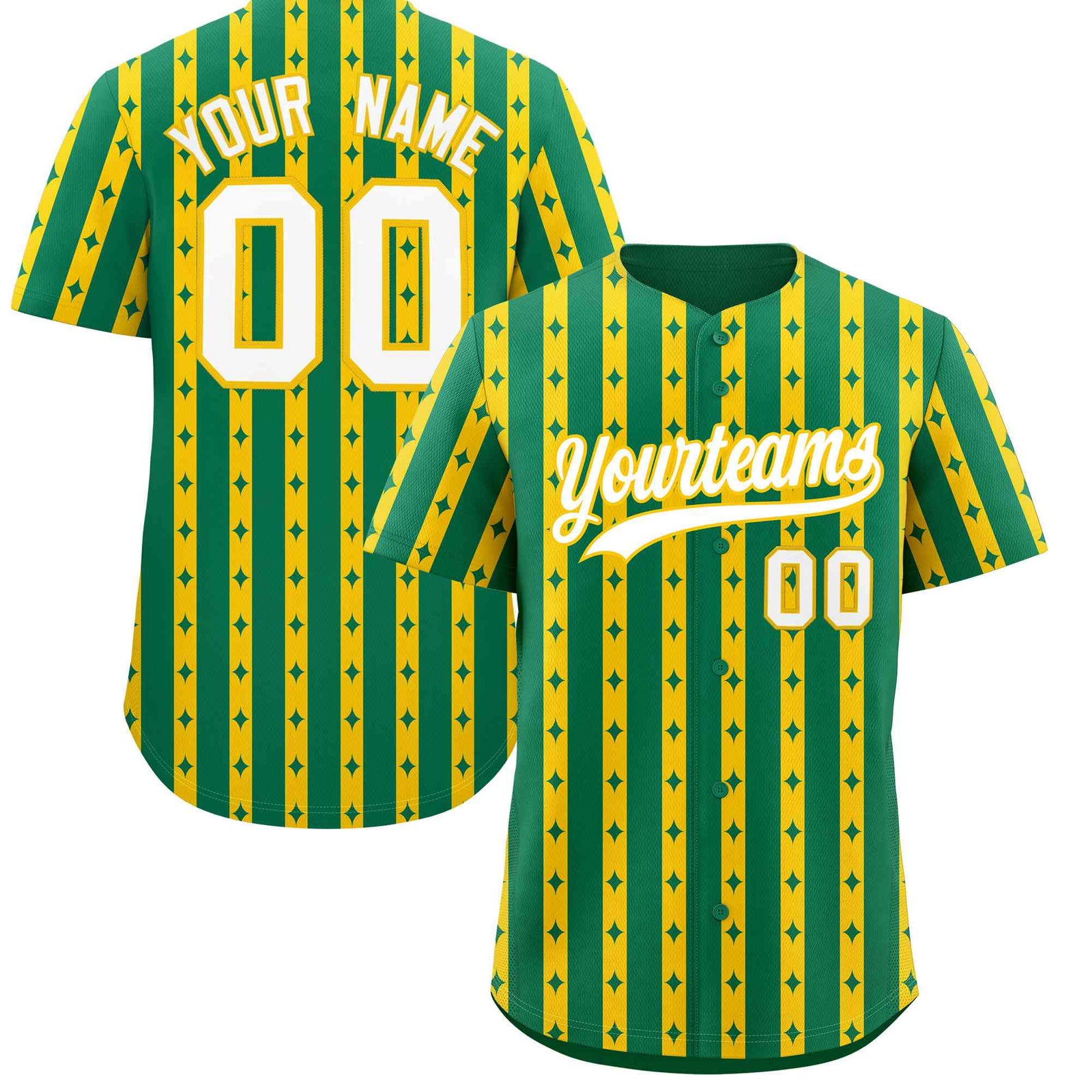 Custom Kelly Green Gold Star Pattern Thick Stripes Baseball Jersey