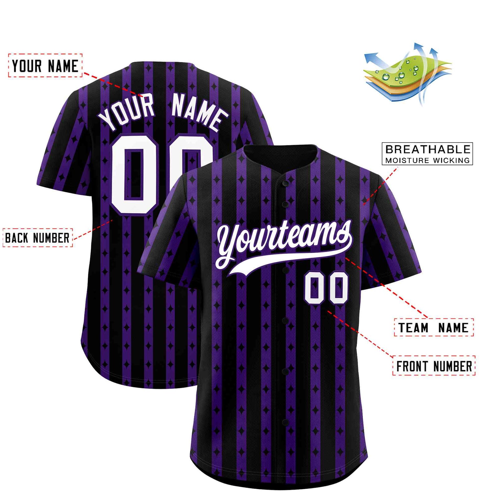 Custom Black Purple Star Pattern Thick Stripes Baseball Jersey