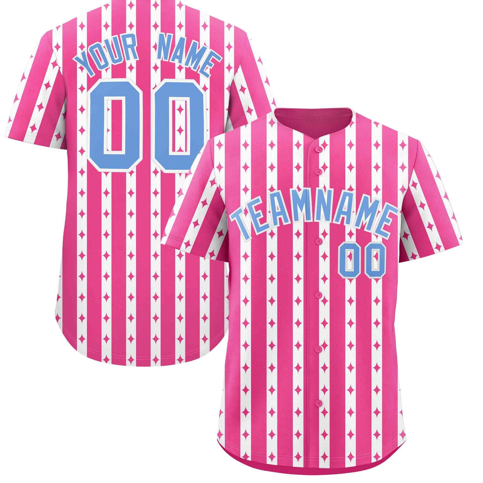 Custom Pink White Star Pattern Thick Stripes Baseball Jersey