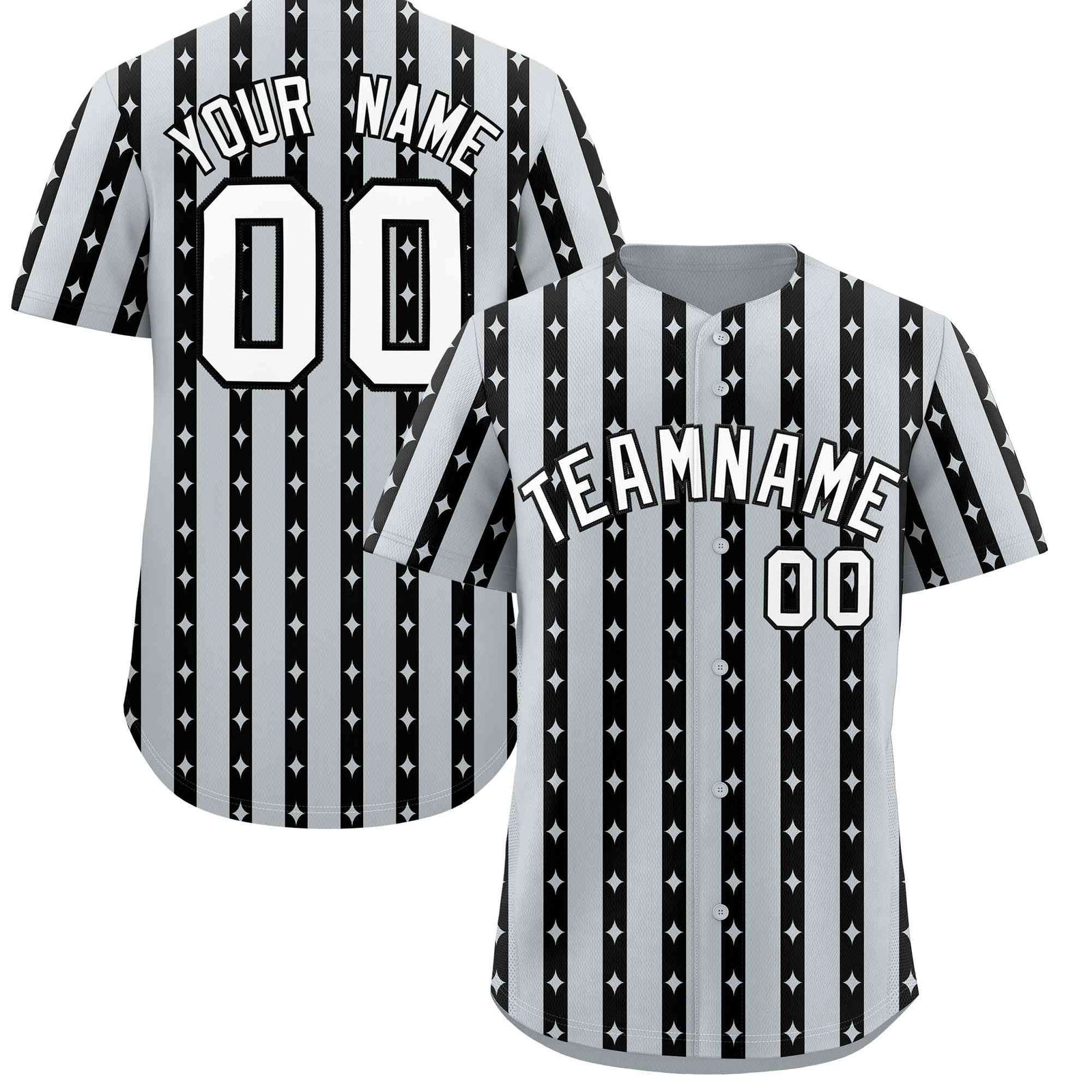 Custom Silver Black Star Pattern Thick Stripes Baseball Jersey