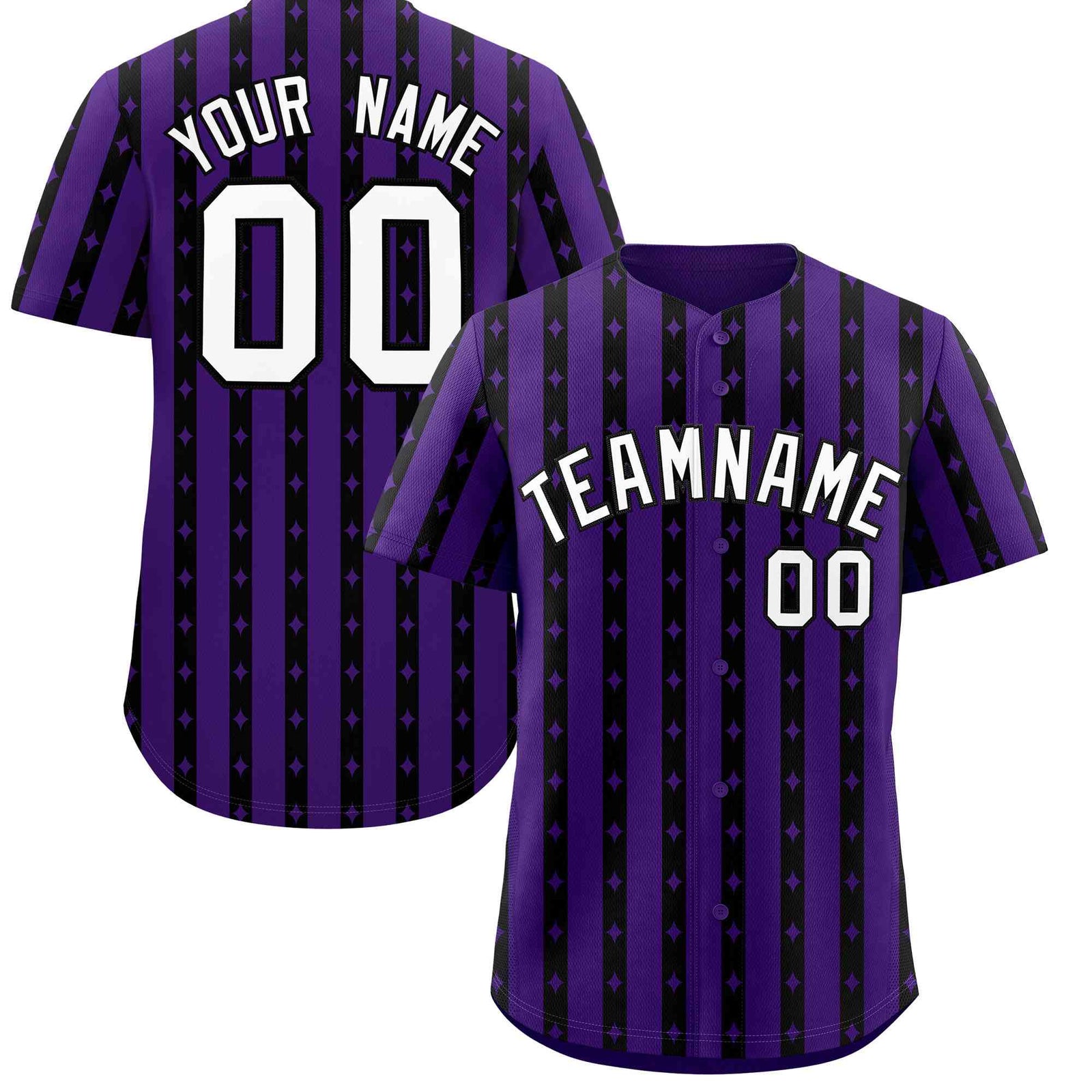 Custom Purple Black Star Pattern Thick Stripes Baseball Jersey