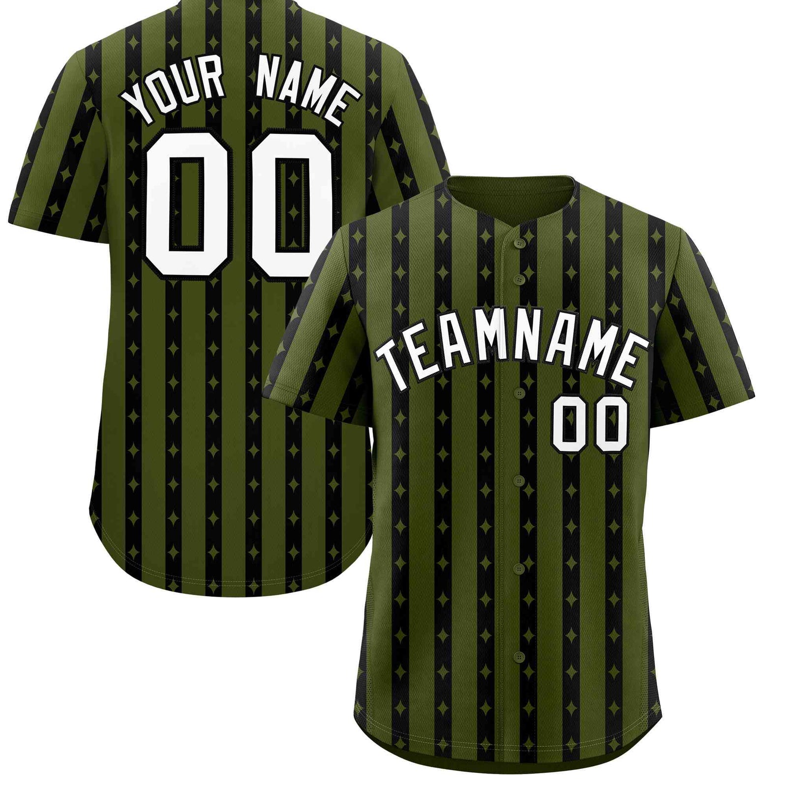 Custom Olive Black Star Pattern Thick Stripes Baseball Jersey