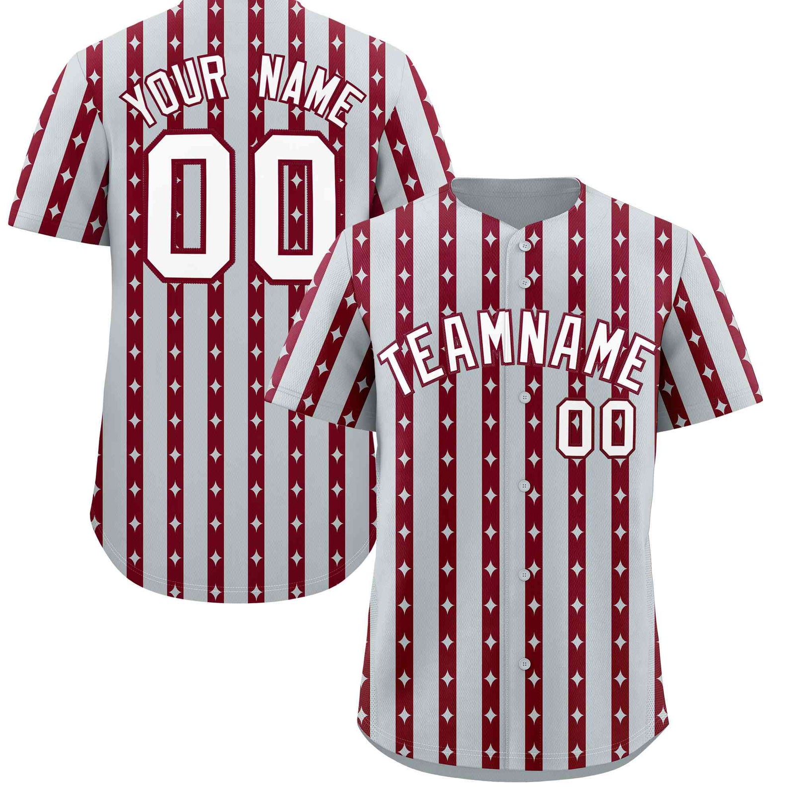 Custom Silver Crimson Star Pattern Thick Stripes Baseball Jersey