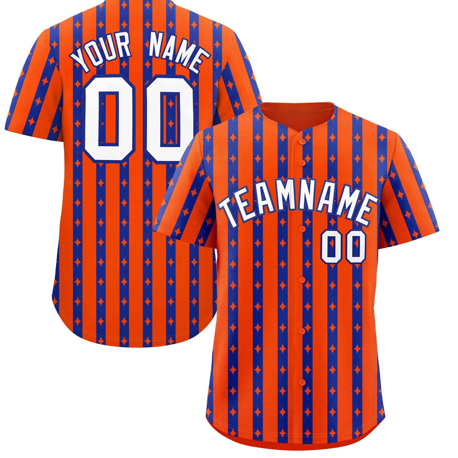 Custom Orange Royal Blue Star Pattern Thick Stripes Baseball Jersey