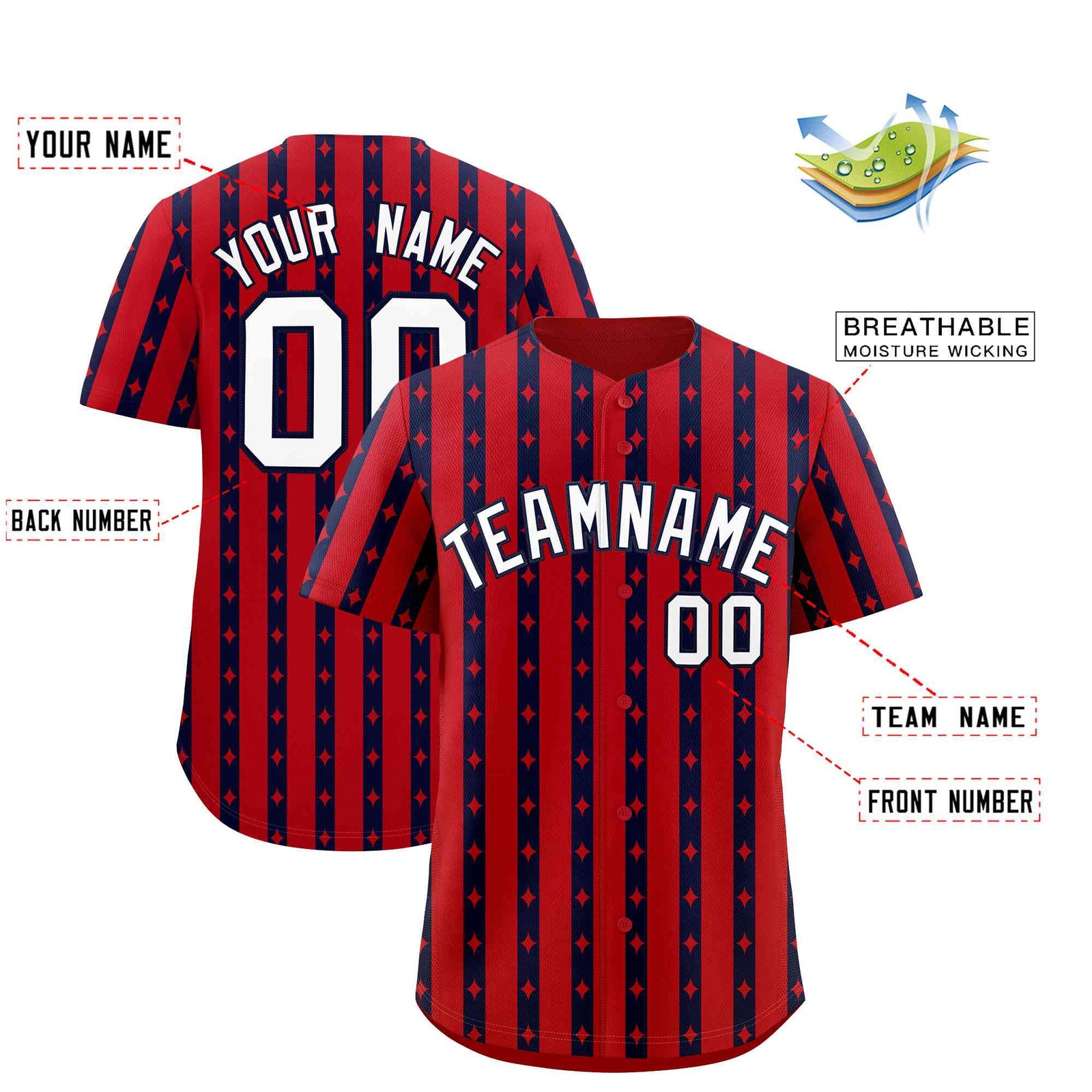Custom Red Navy Star Pattern Thick Stripes Baseball Jersey