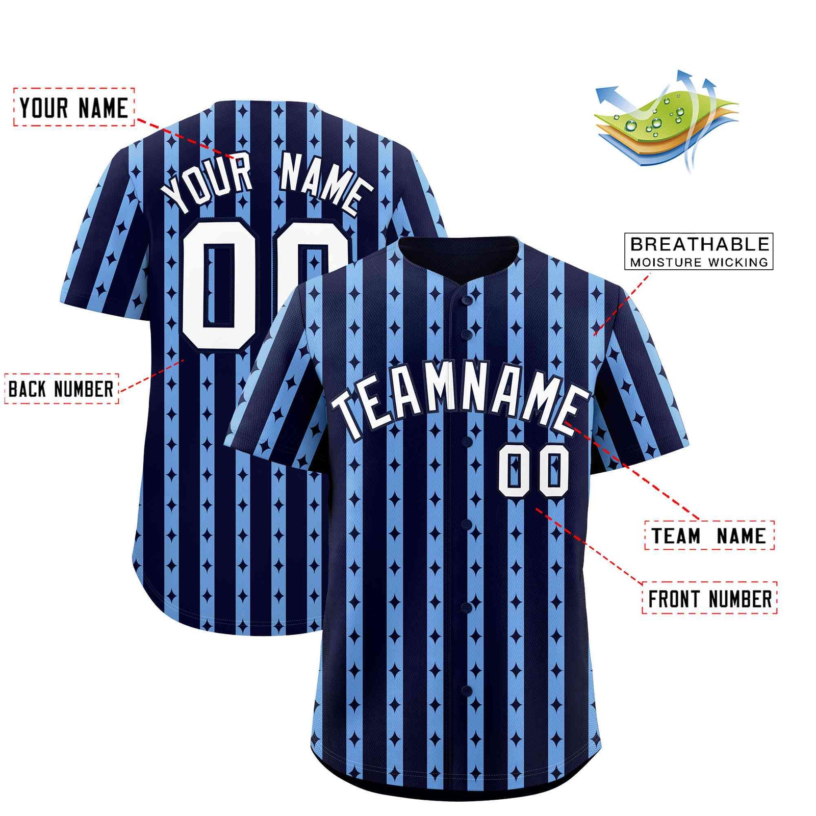 Custom Navy Light Blue Star Pattern Thick Stripes Baseball Jersey