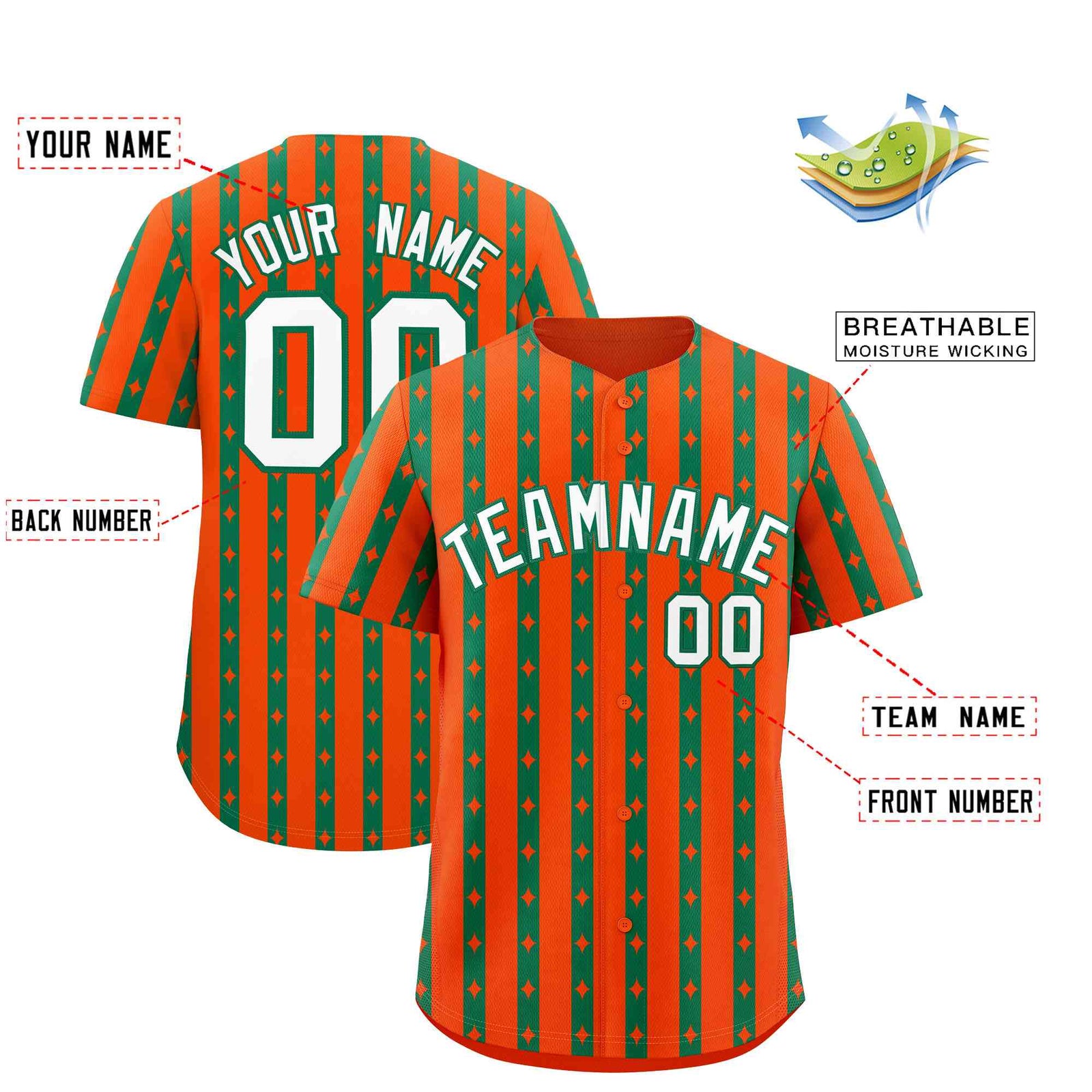 Custom Orange Kelly Green Star Pattern Thick Stripes Baseball Jersey