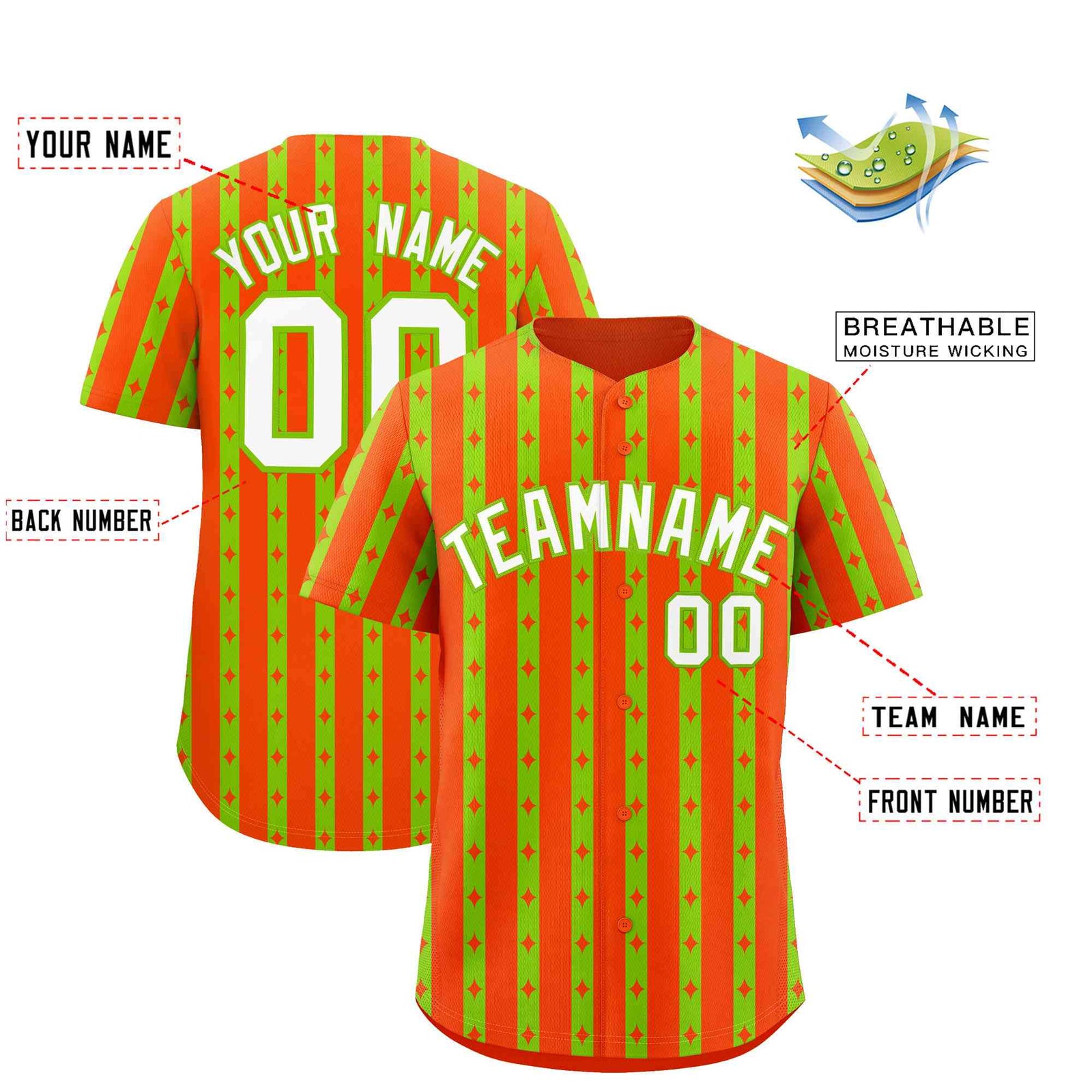 Custom Orange Neon Green Star Pattern Thick Stripes Baseball Jersey
