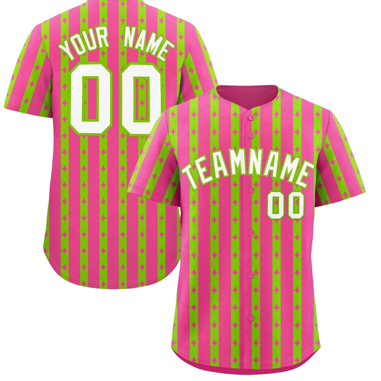 Custom Pink Neon Green Star Pattern Thick Stripes Baseball Jersey