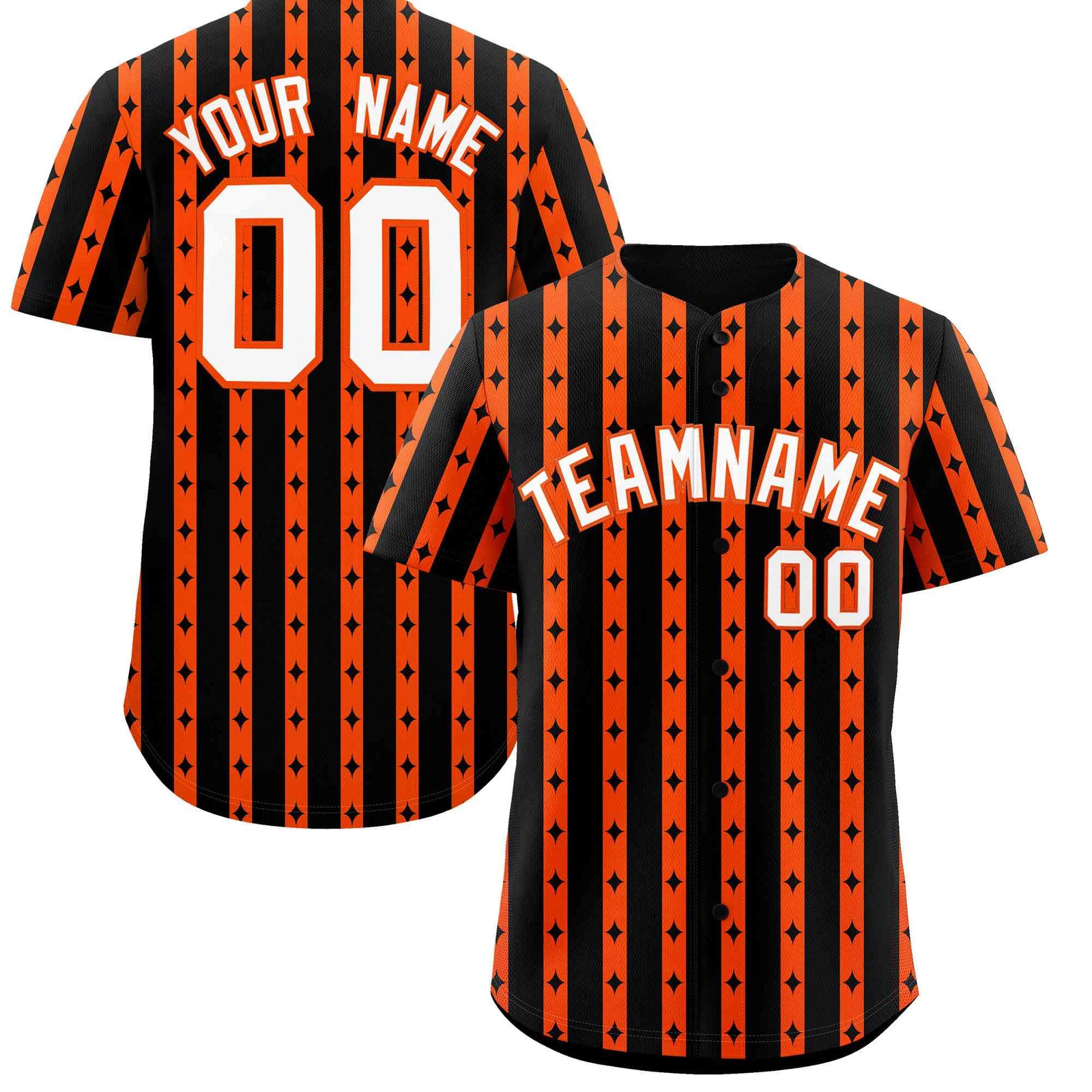 Custom Black Orange Star Pattern Thick Stripes Baseball Jersey