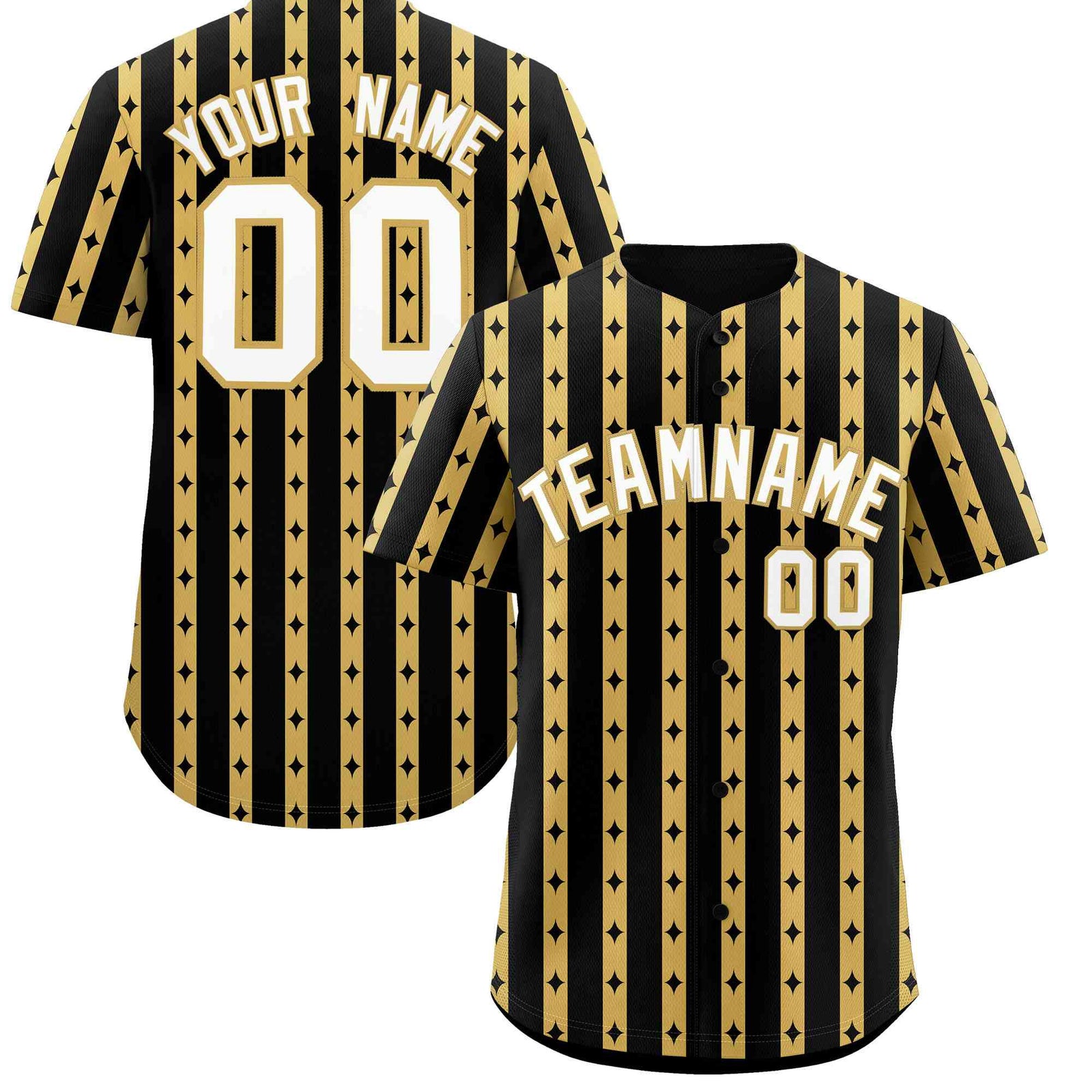 Custom Black Old Gold Star Pattern Thick Stripes Baseball Jersey