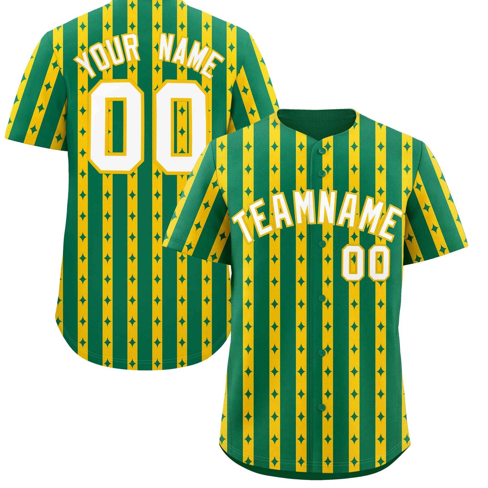 Custom Kelly Green Gold Star Pattern Thick Stripes Baseball Jersey