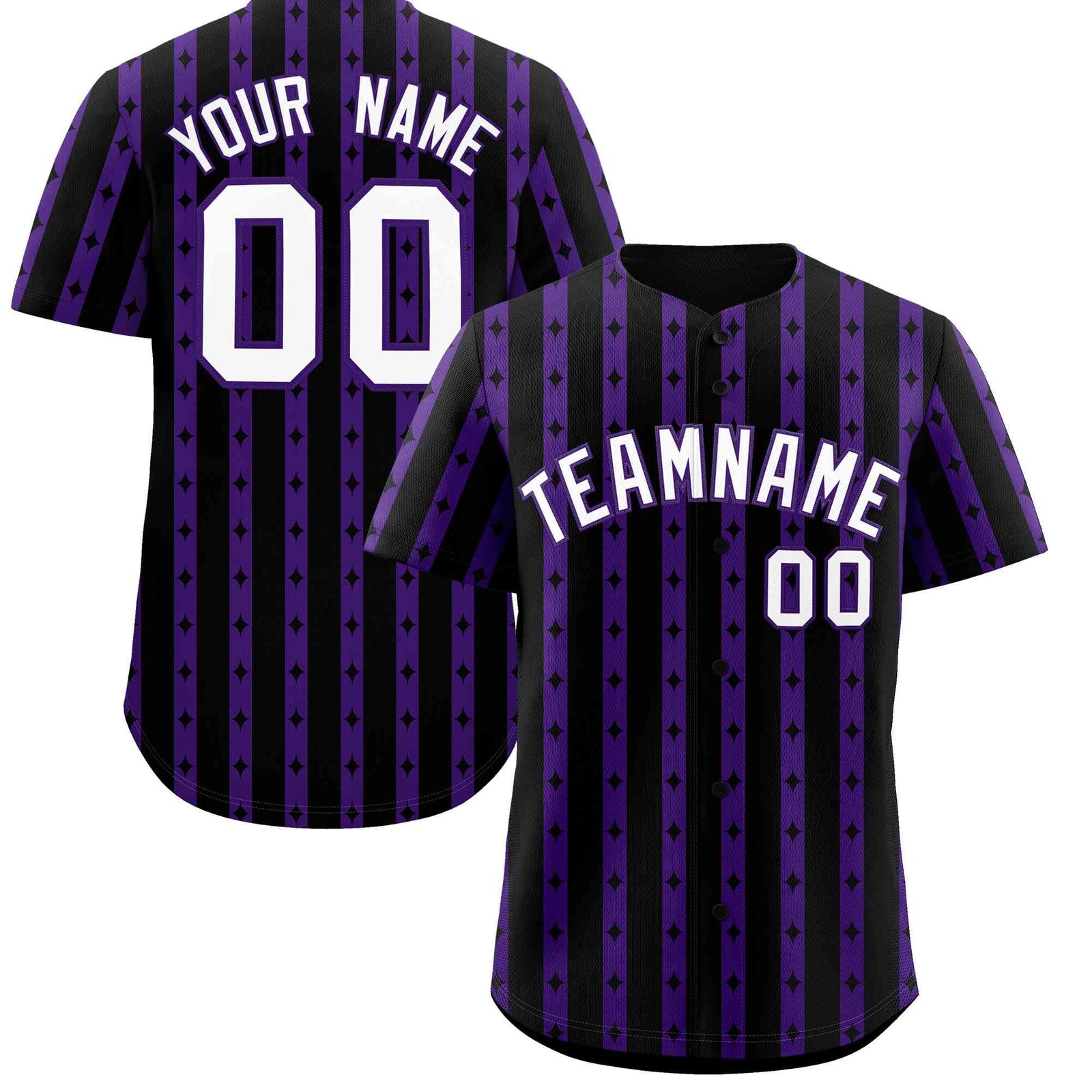 Custom Black Purple Star Pattern Thick Stripes Baseball Jersey