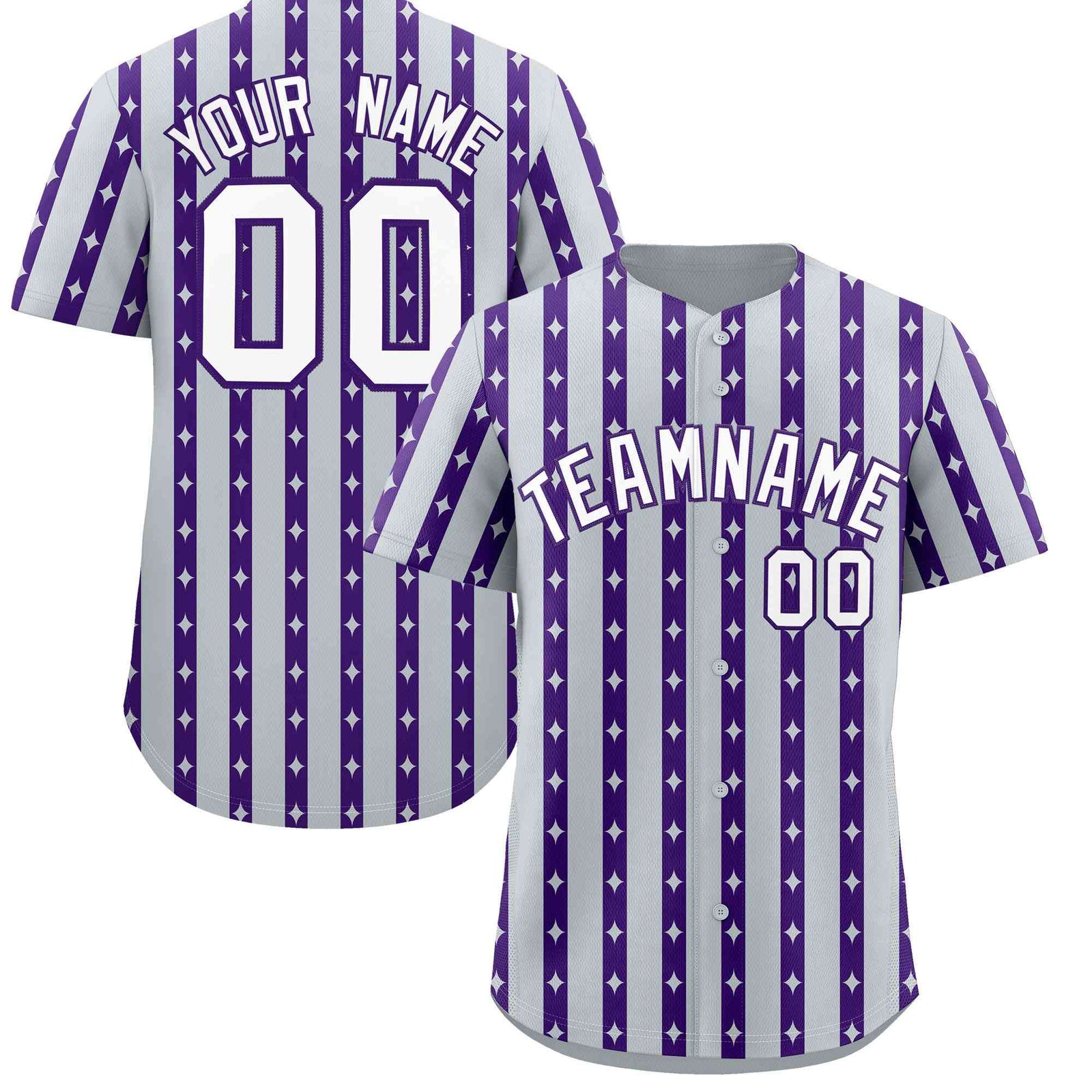 Custom Silver Purple Star Pattern Thick Stripes Baseball Jersey