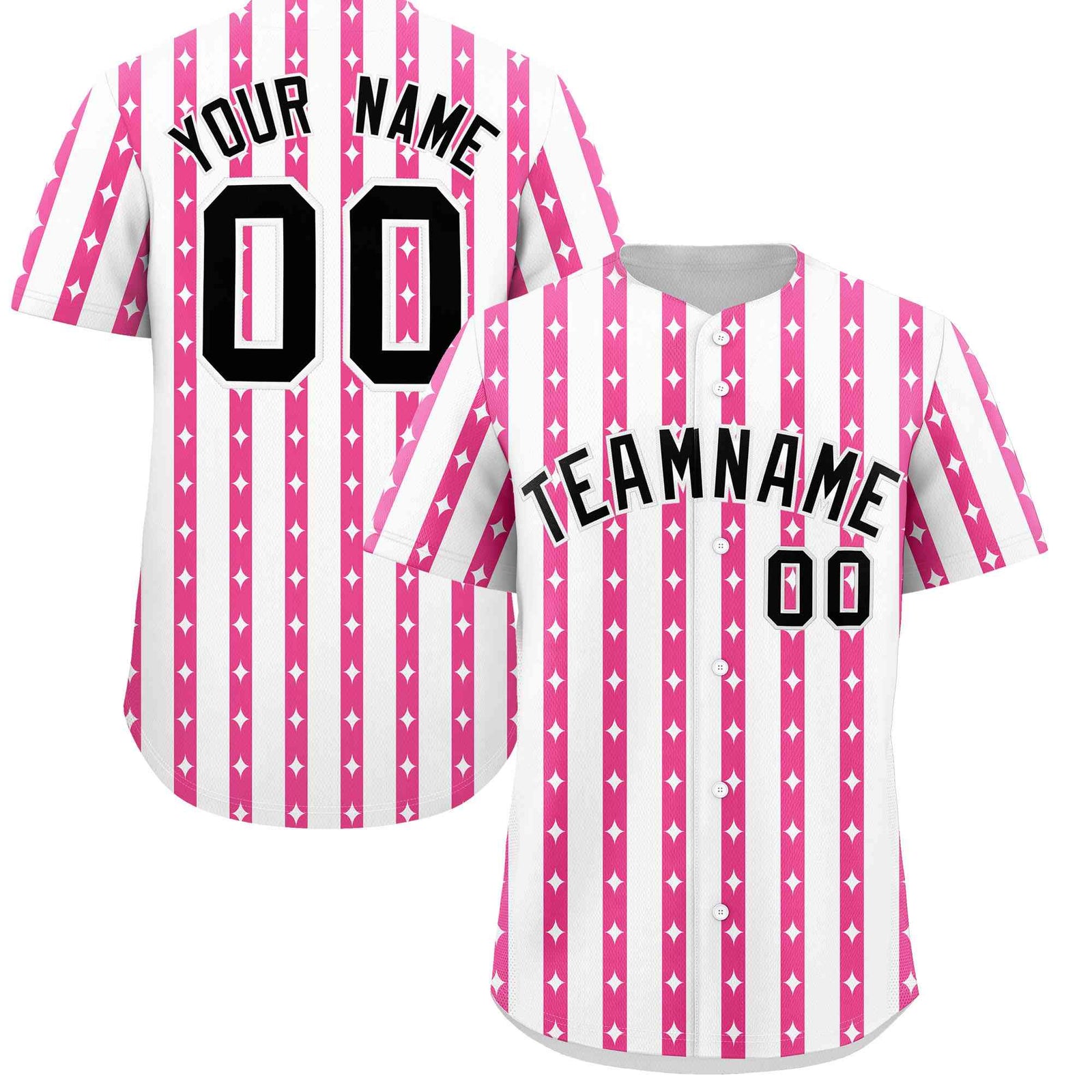 Custom White Pink Star Pattern Thick Stripes Baseball Jersey