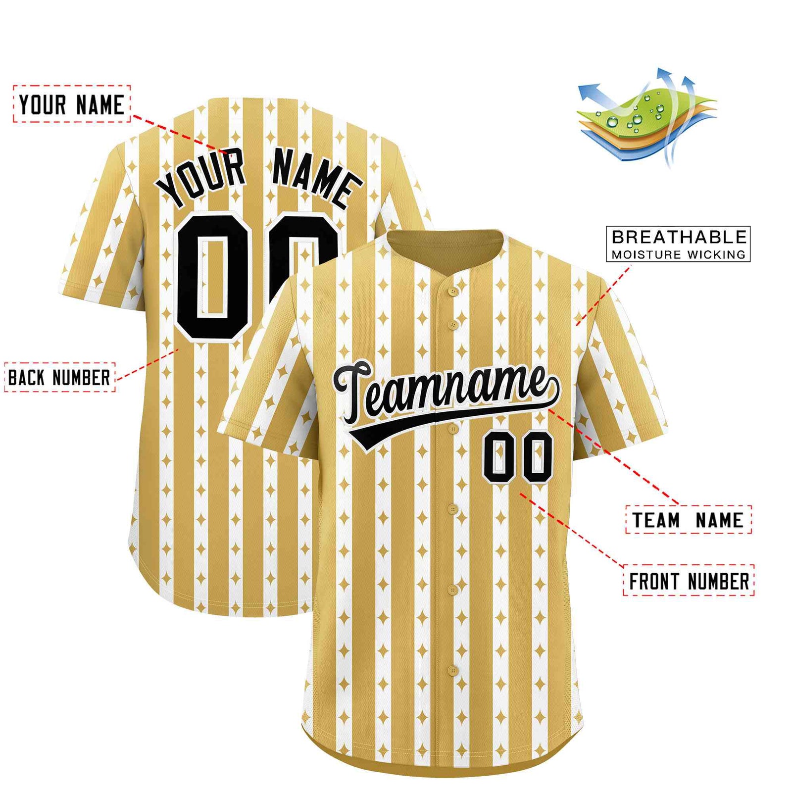 Custom Old Gold White Star Pattern Thick Stripes Baseball Jersey| KXKSHOP