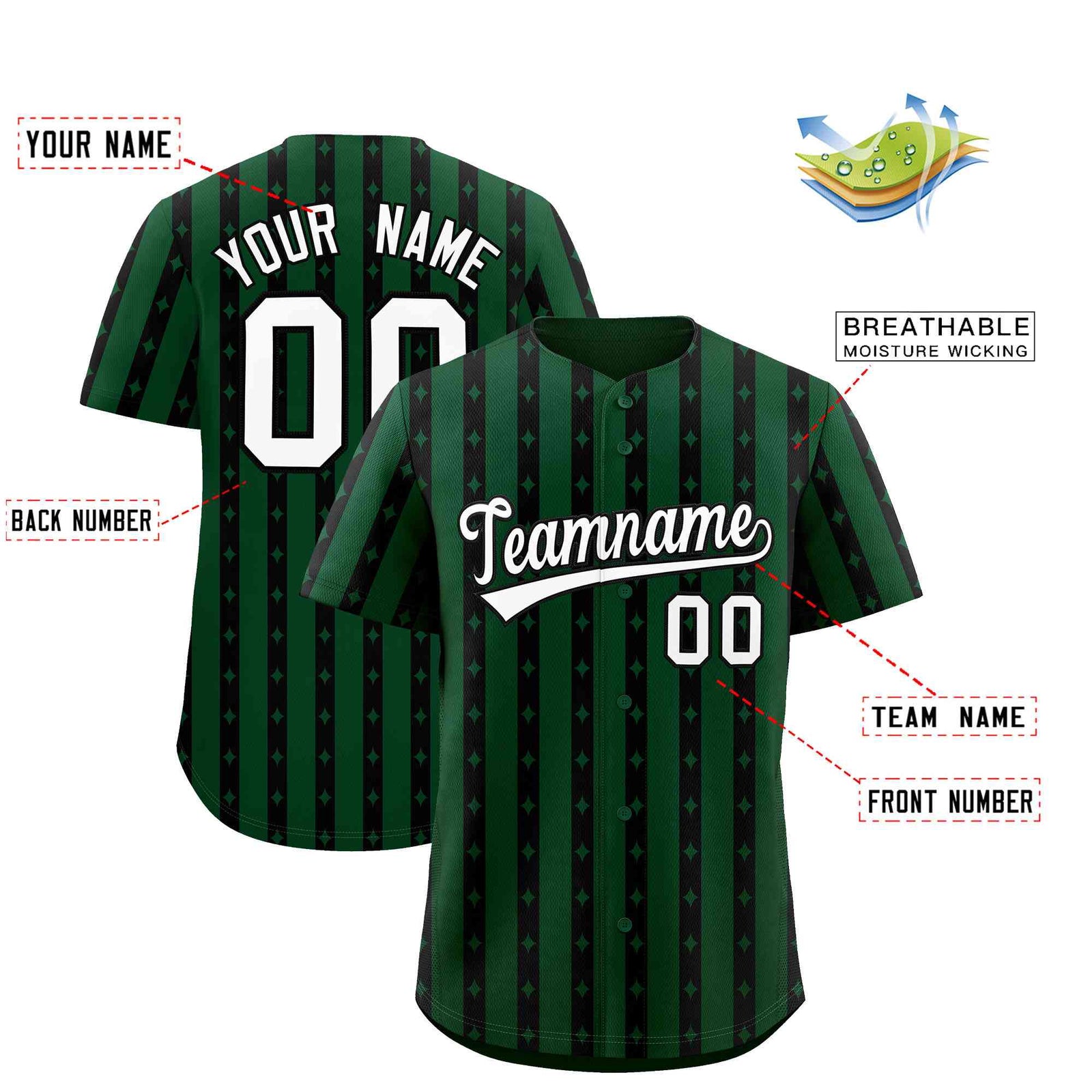 Custom Green Black Star Pattern Thick Stripes Baseball Jersey| KXKSHOP