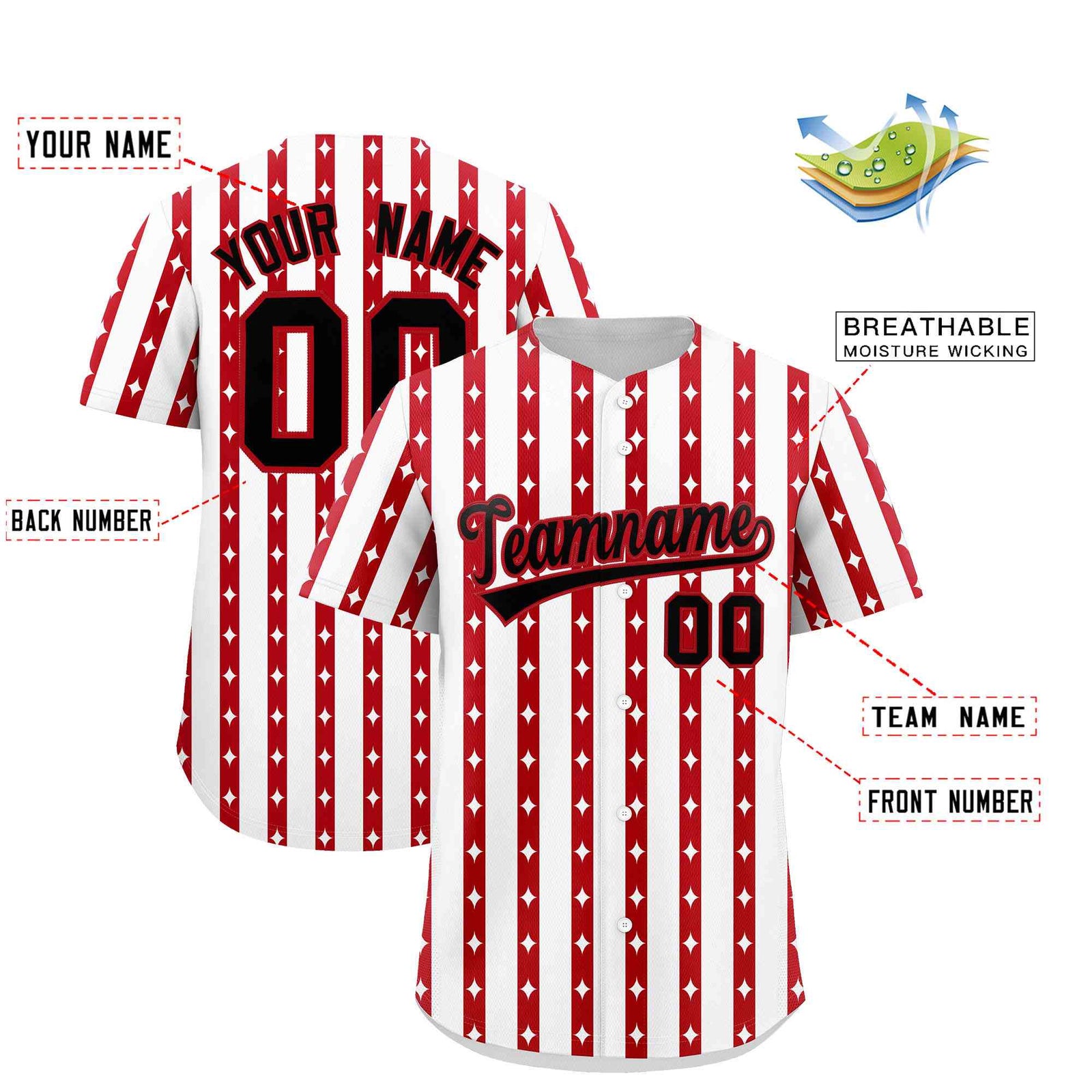 Custom White Red Star Pattern Thick Stripes Baseball Jersey| KXKSHOP