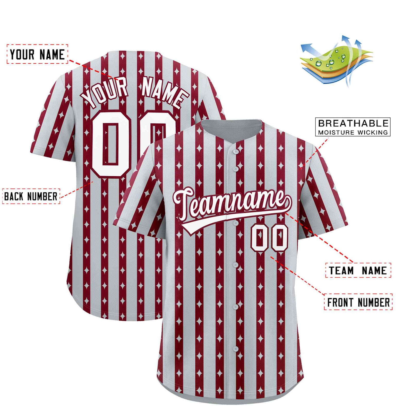 Custom Silver Crimson Star Pattern Thick Stripes Baseball Jersey| KXKSHOP