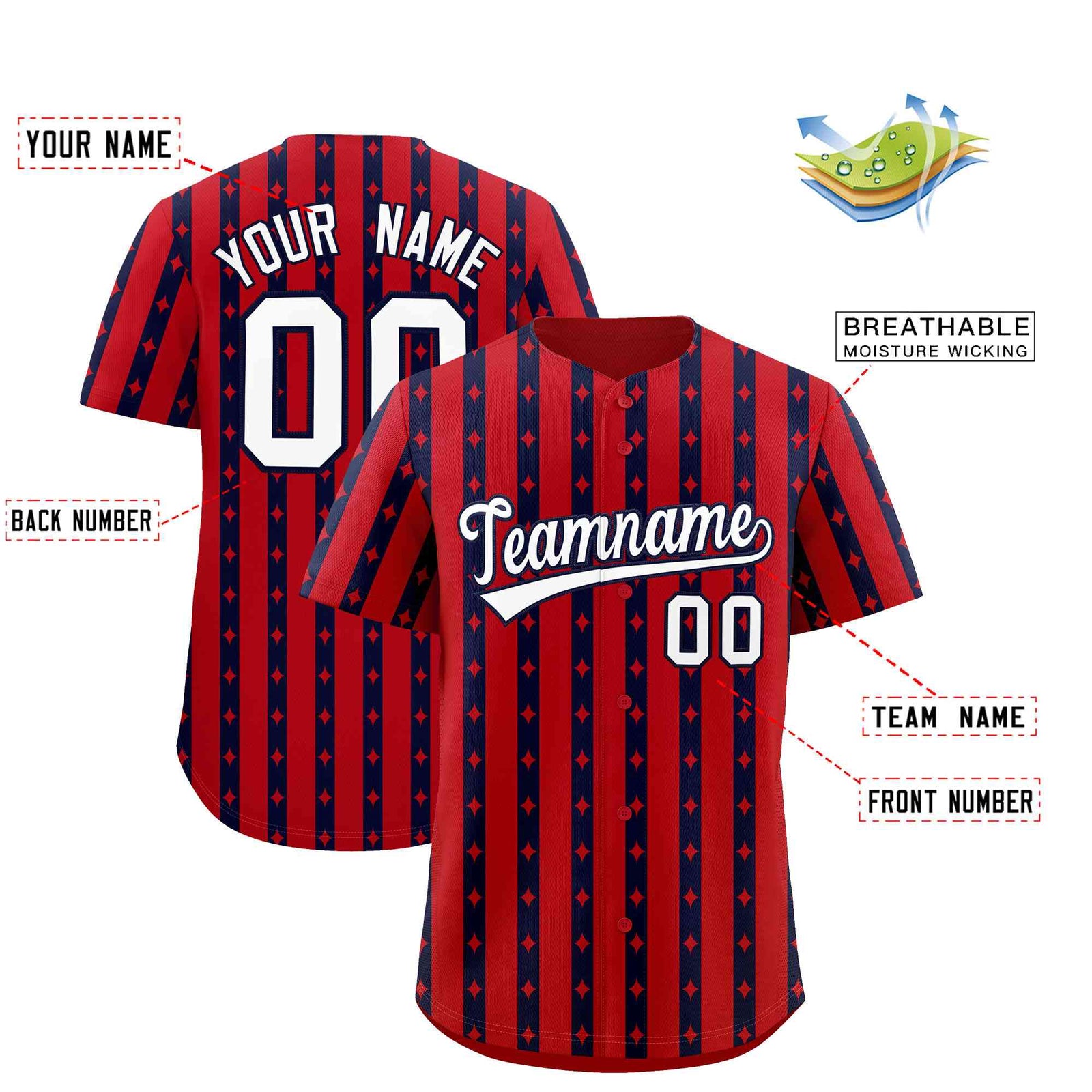 Custom Red Navy Star Pattern Thick Stripes Baseball Jersey| KXKSHOP