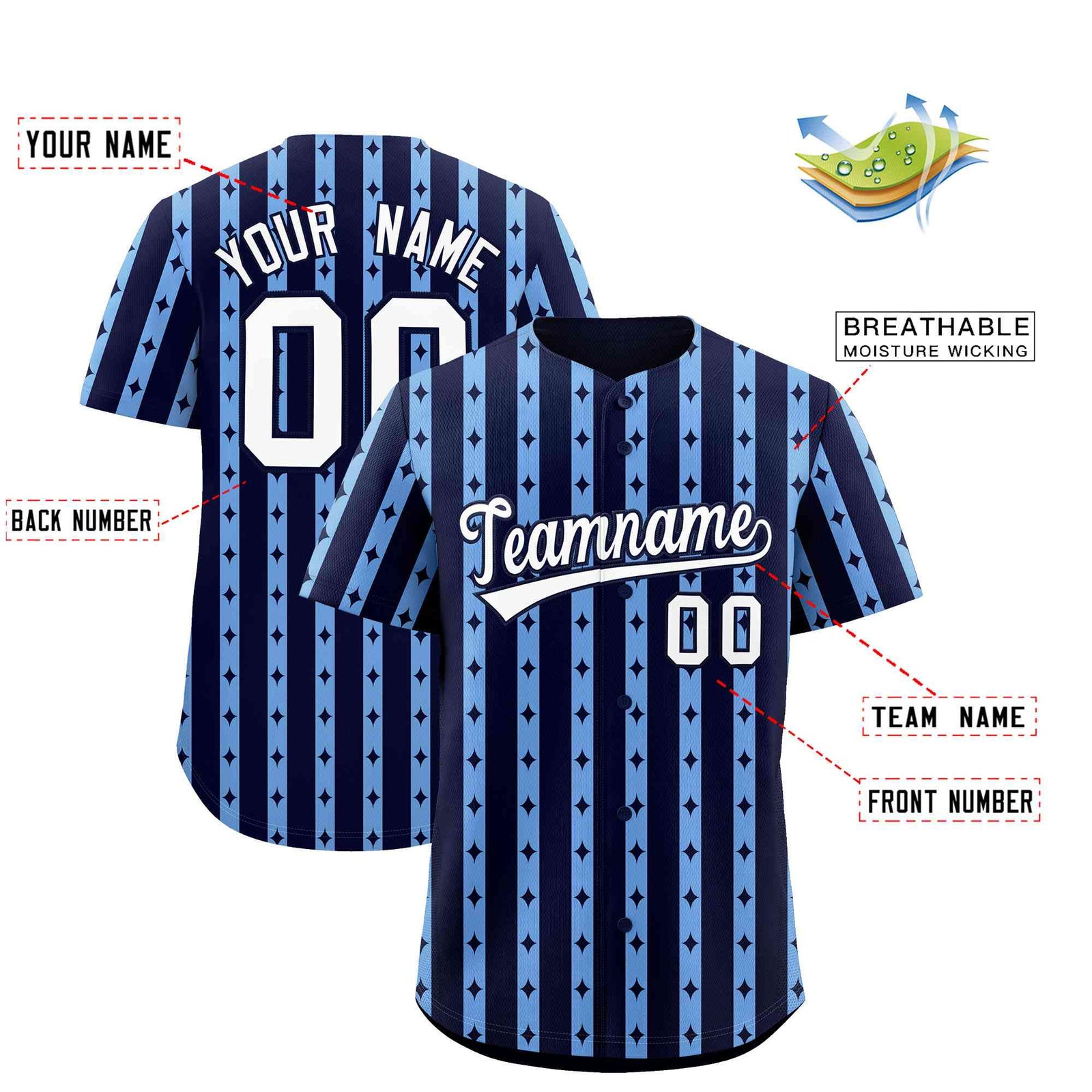 Custom Navy Light Blue Star Pattern Thick Stripes Baseball Jersey| KXKSHOP