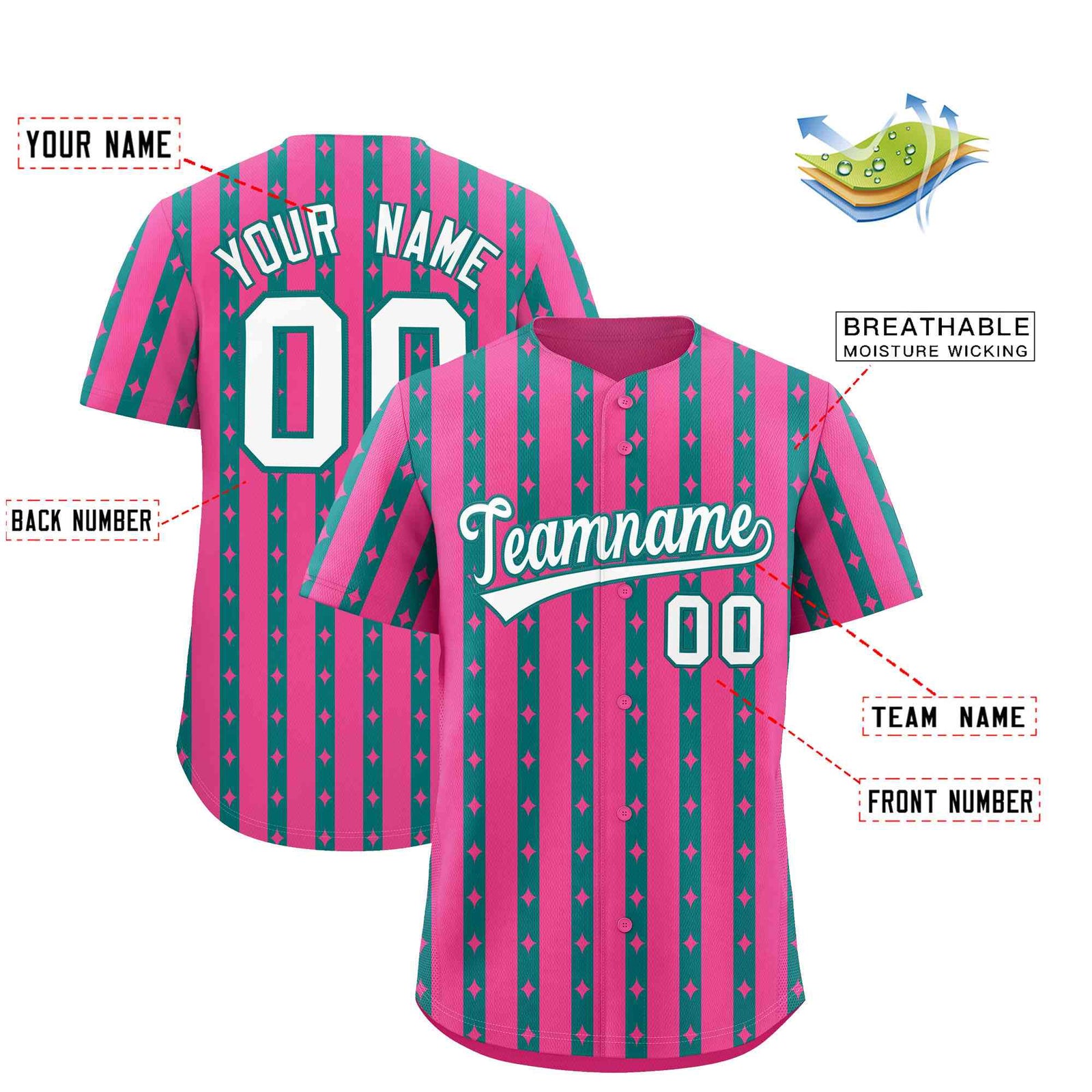 Custom Pink Teal Star Pattern Thick Stripes Baseball Jersey| KXKSHOP